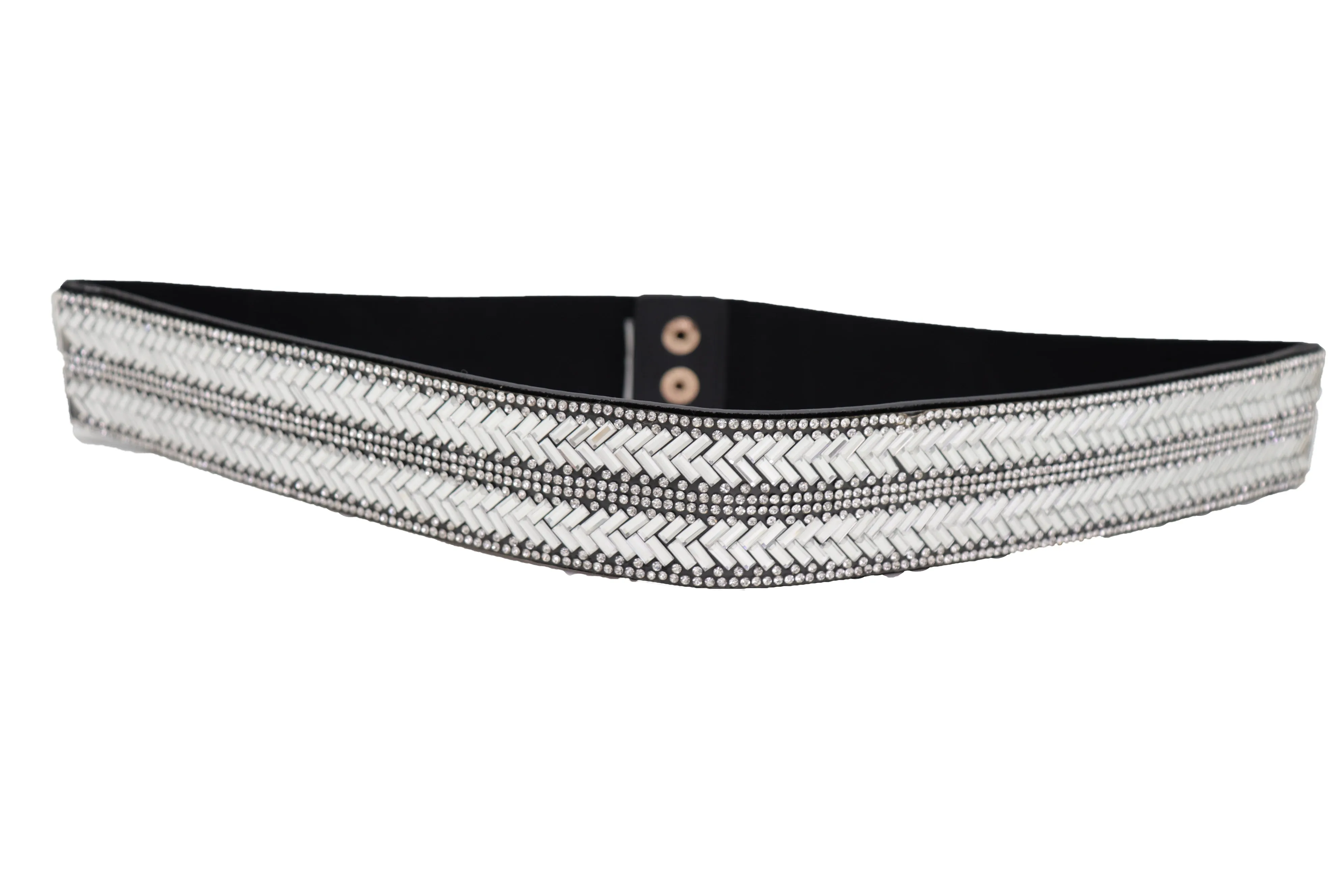 Dressy Fashion Black Elastic Band Belt Bling Silver Rhinestones Size S M