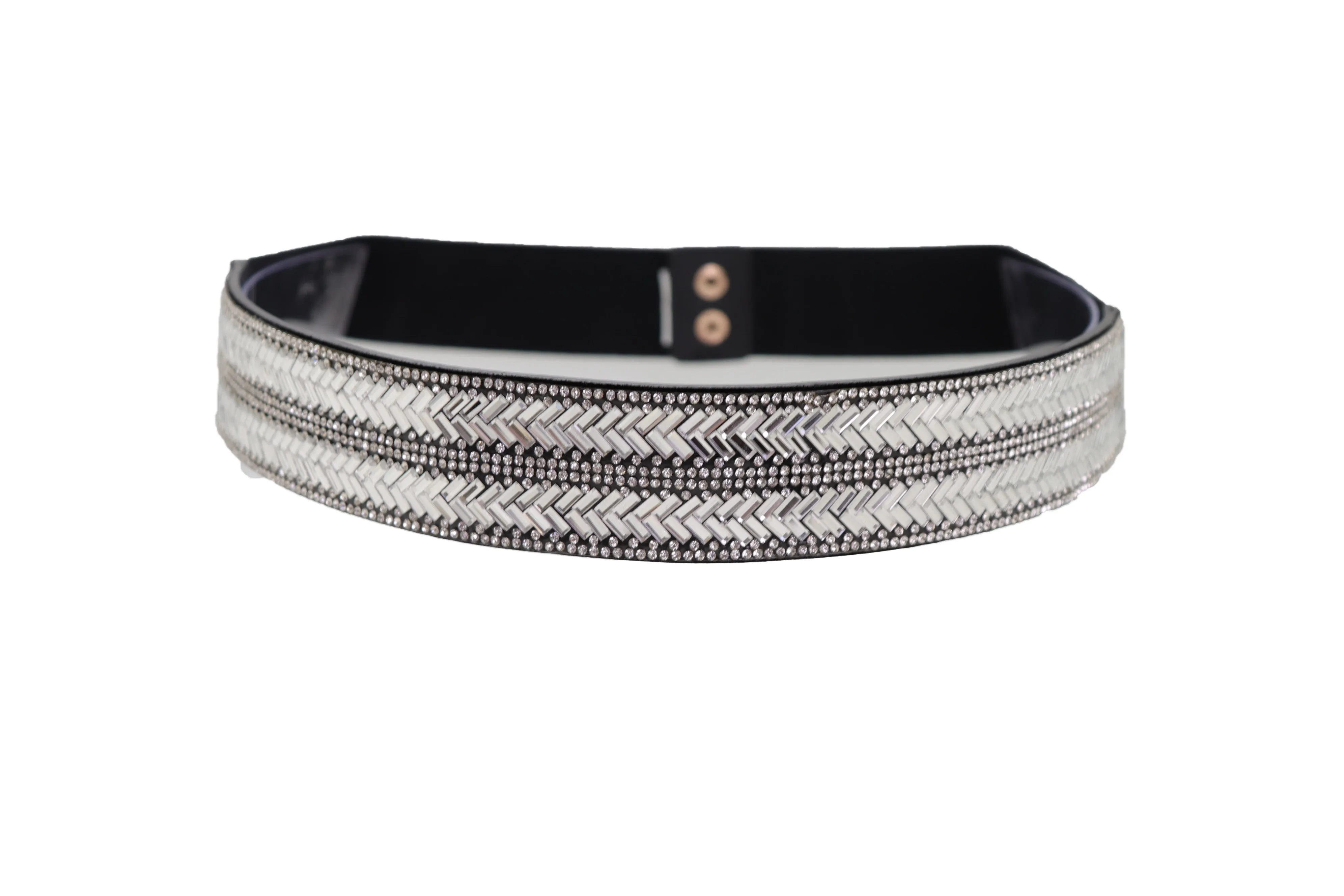 Dressy Fashion Black Elastic Band Belt Bling Silver Rhinestones Size S M