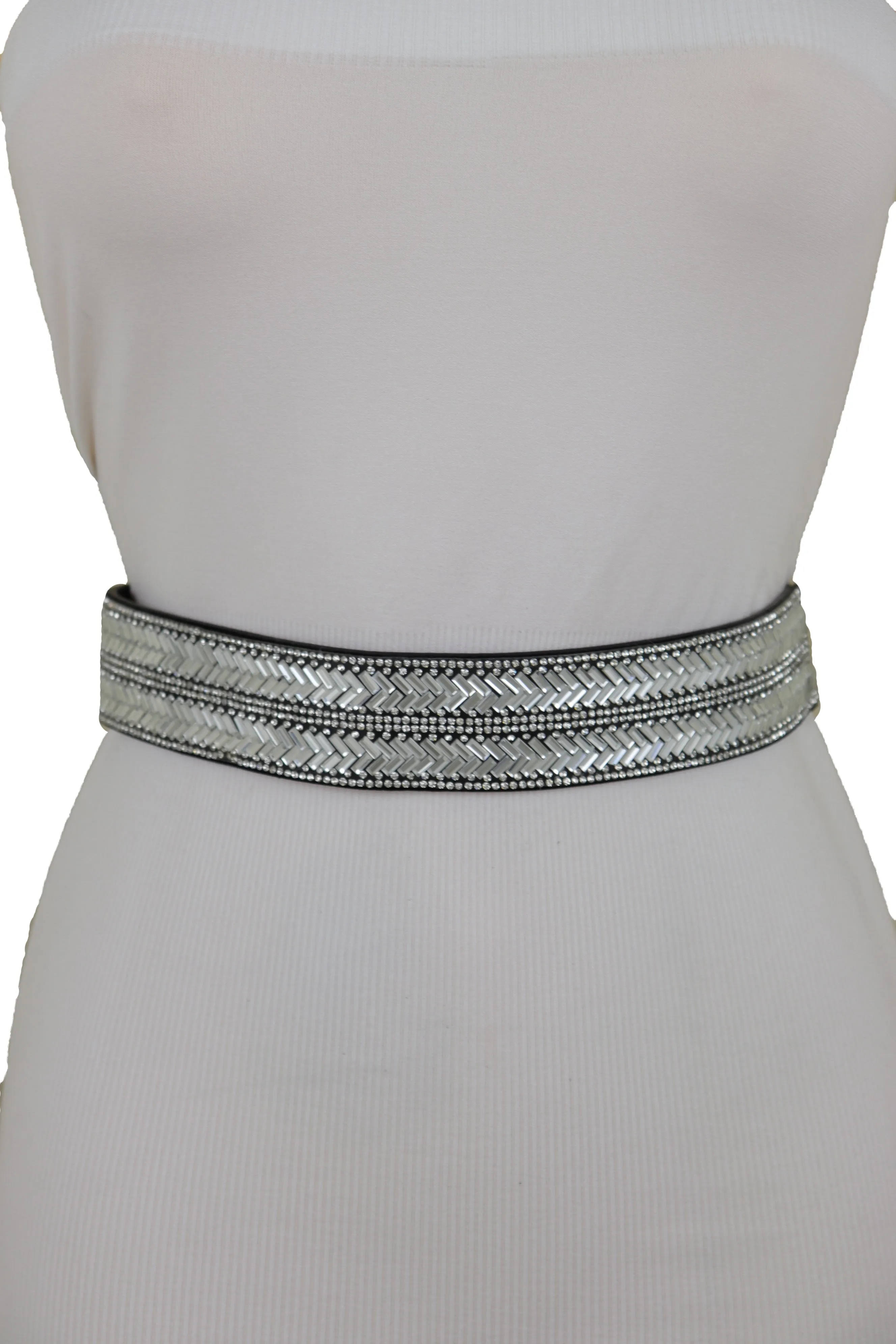 Dressy Fashion Black Elastic Band Belt Bling Silver Rhinestones Size S M