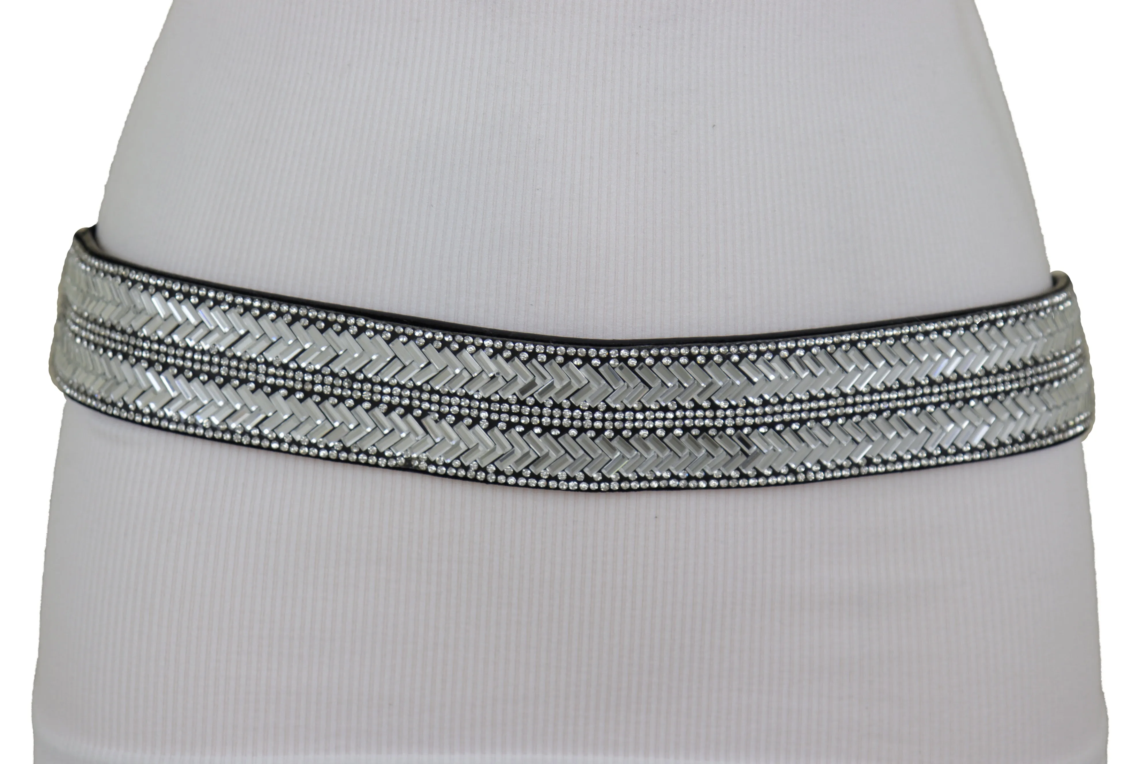 Dressy Fashion Black Elastic Band Belt Bling Silver Rhinestones Size S M