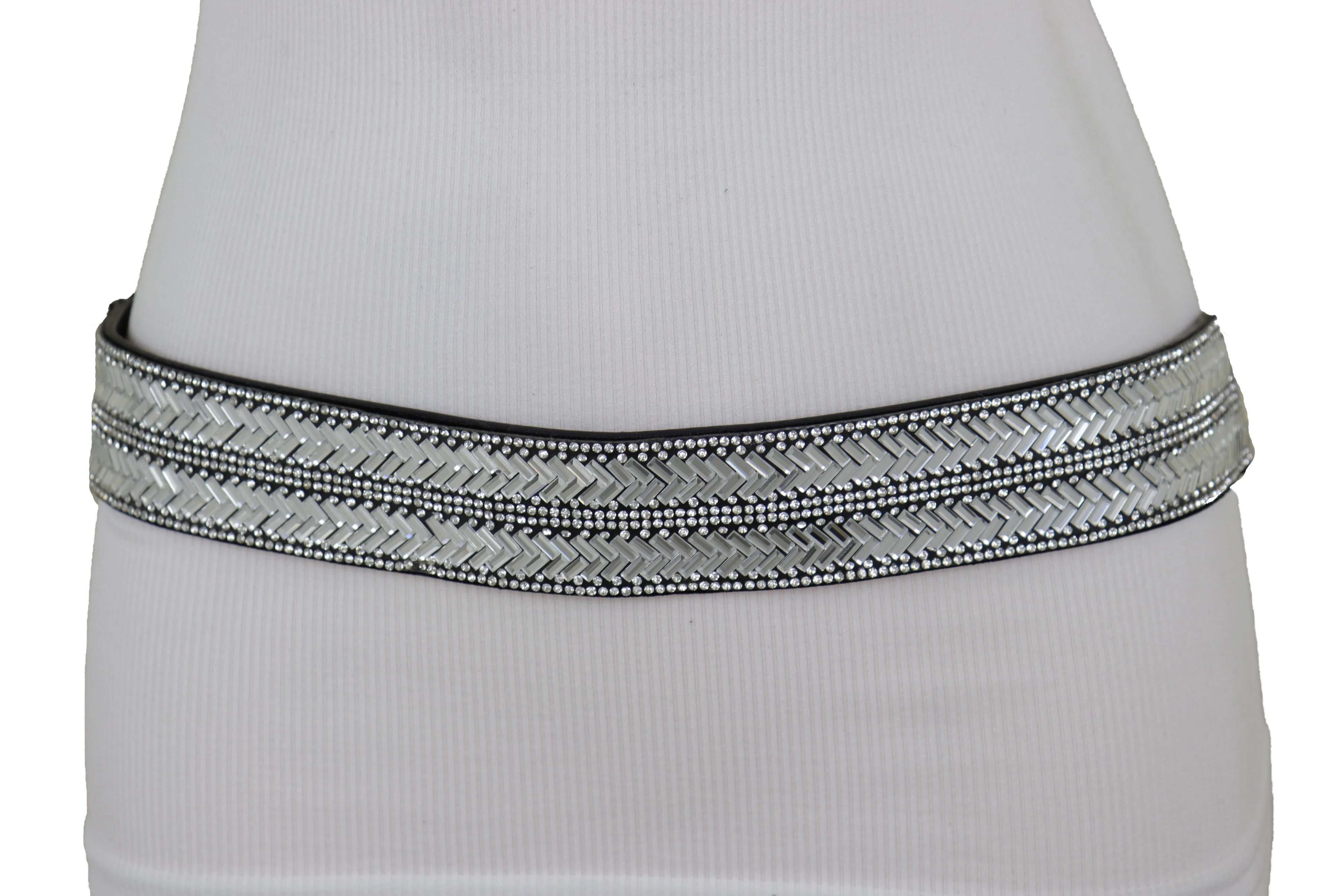 Dressy Fashion Black Elastic Band Belt Bling Silver Rhinestones Size S M