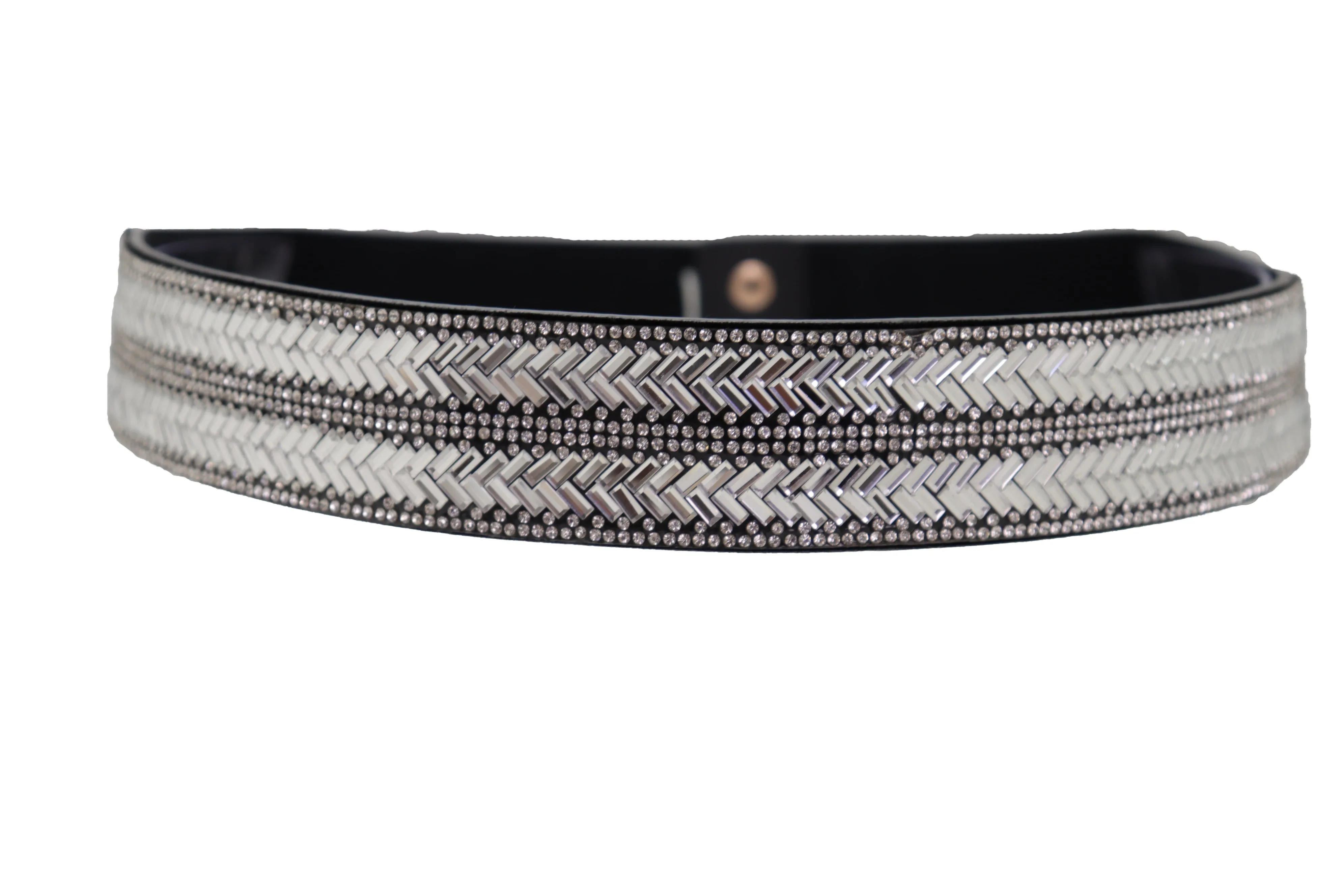 Dressy Fashion Black Elastic Band Belt Bling Silver Rhinestones Size S M