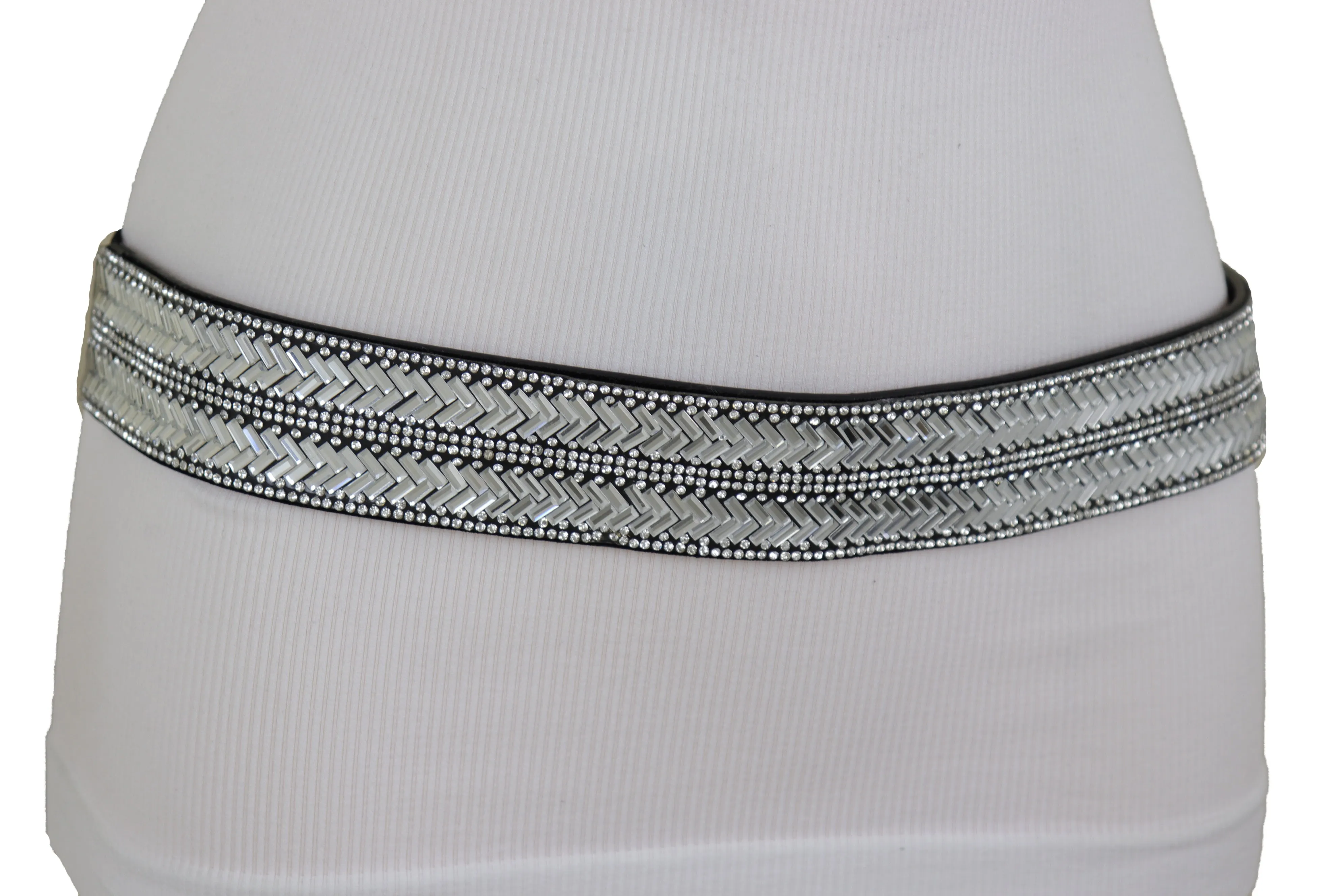 Dressy Fashion Black Elastic Band Belt Bling Silver Rhinestones Size S M