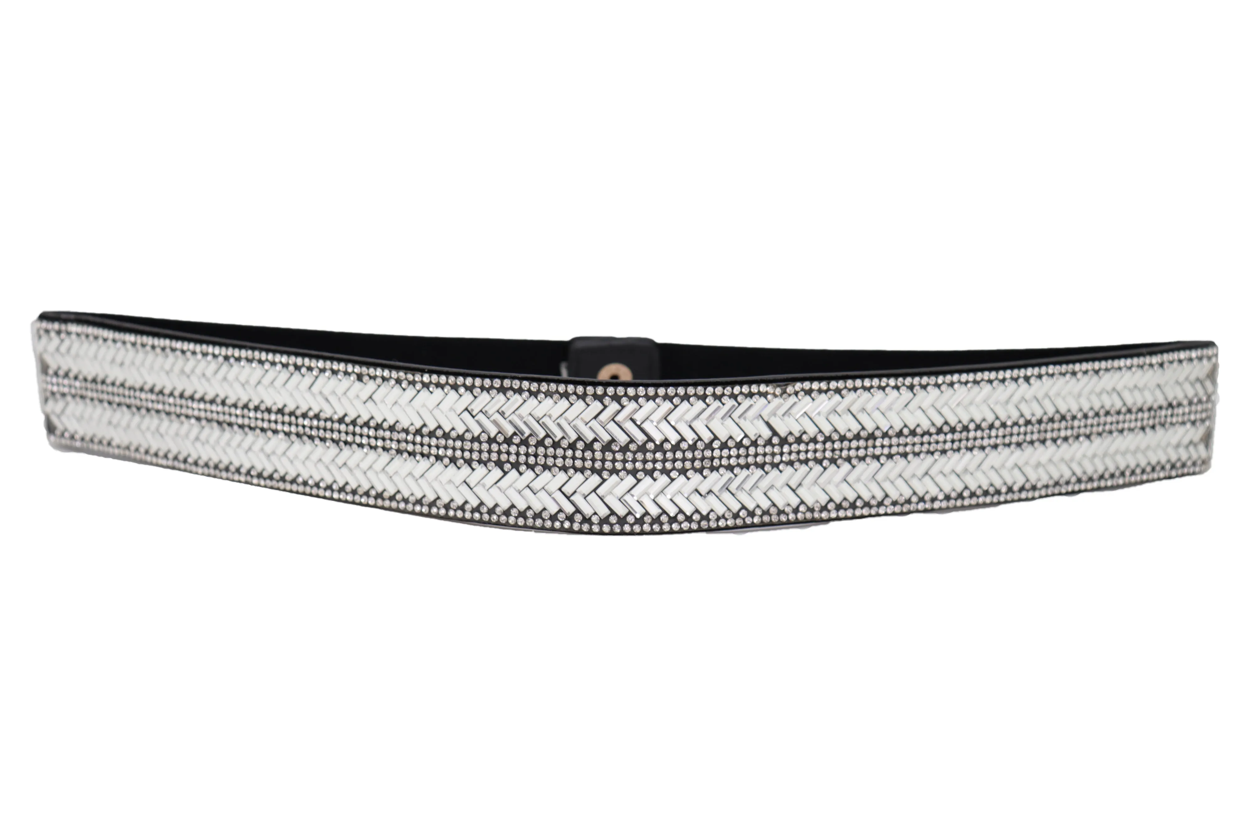 Dressy Fashion Black Elastic Band Belt Bling Silver Rhinestones Size S M