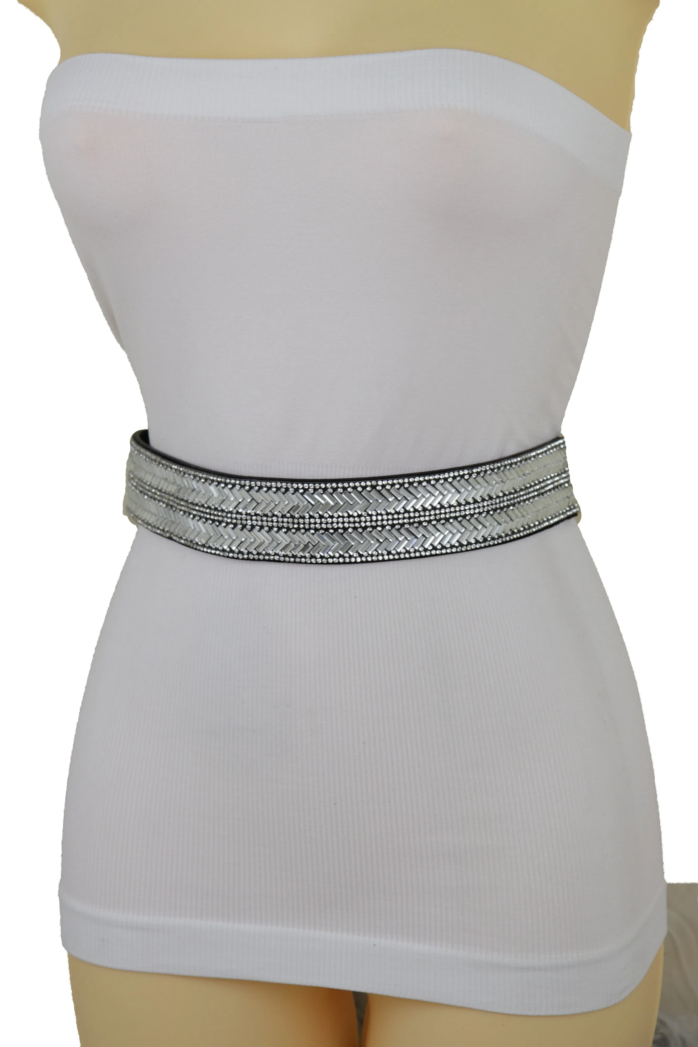 Dressy Fashion Black Elastic Band Belt Bling Silver Rhinestones Size S M