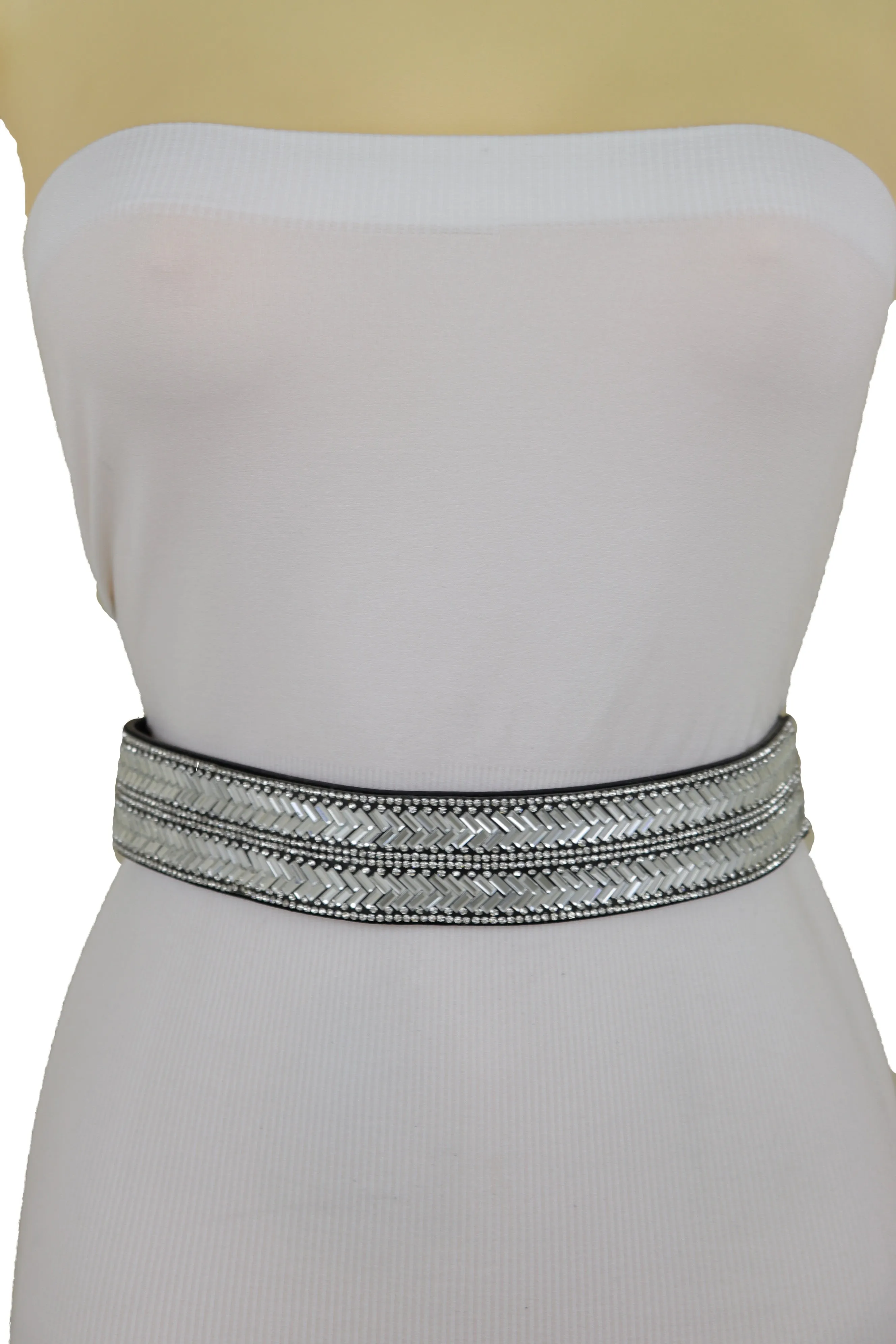 Dressy Fashion Black Elastic Band Belt Bling Silver Rhinestones Size S M