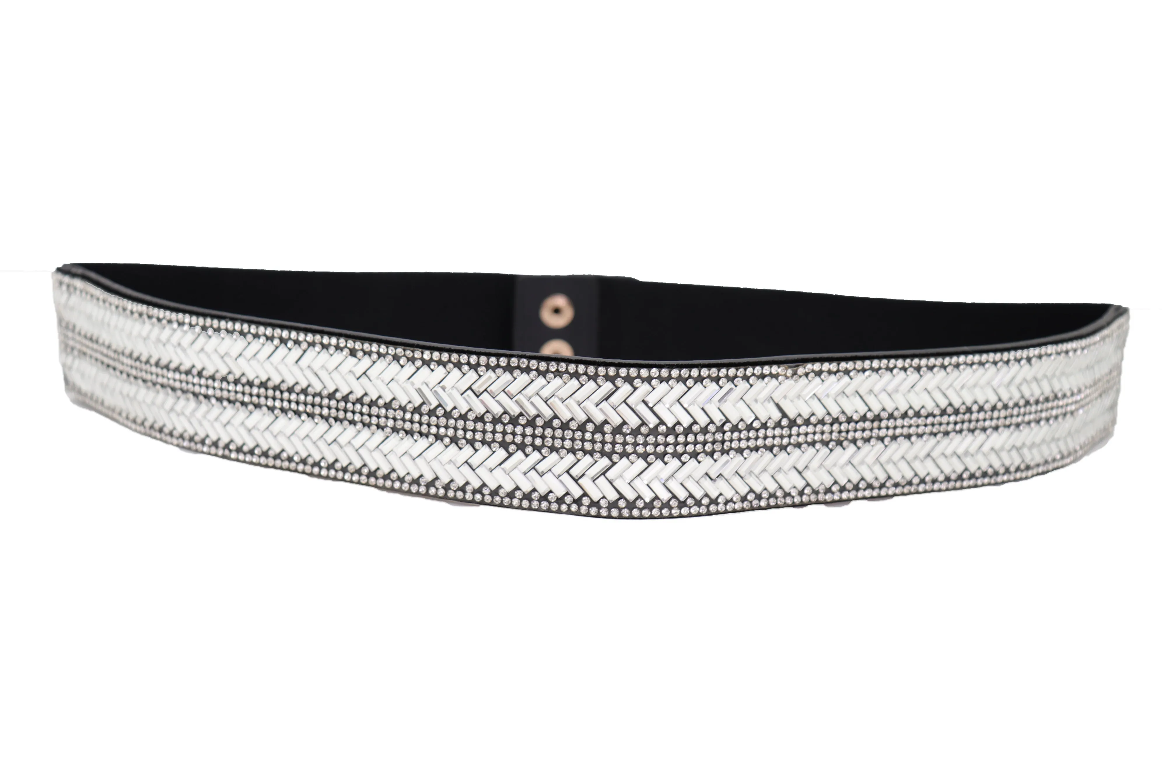 Dressy Fashion Black Elastic Band Belt Bling Silver Rhinestones Size S M