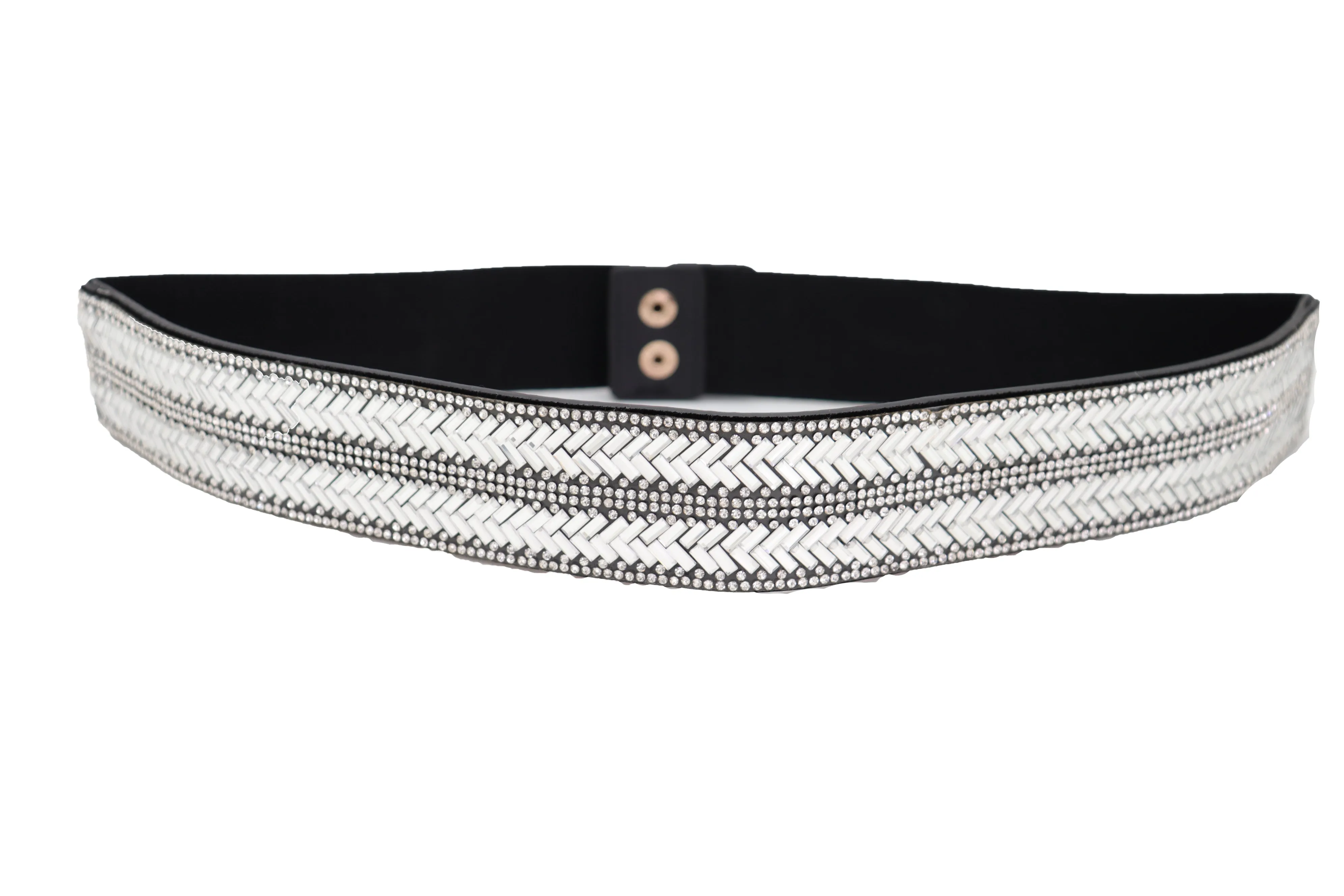 Dressy Fashion Black Elastic Band Belt Bling Silver Rhinestones Size S M