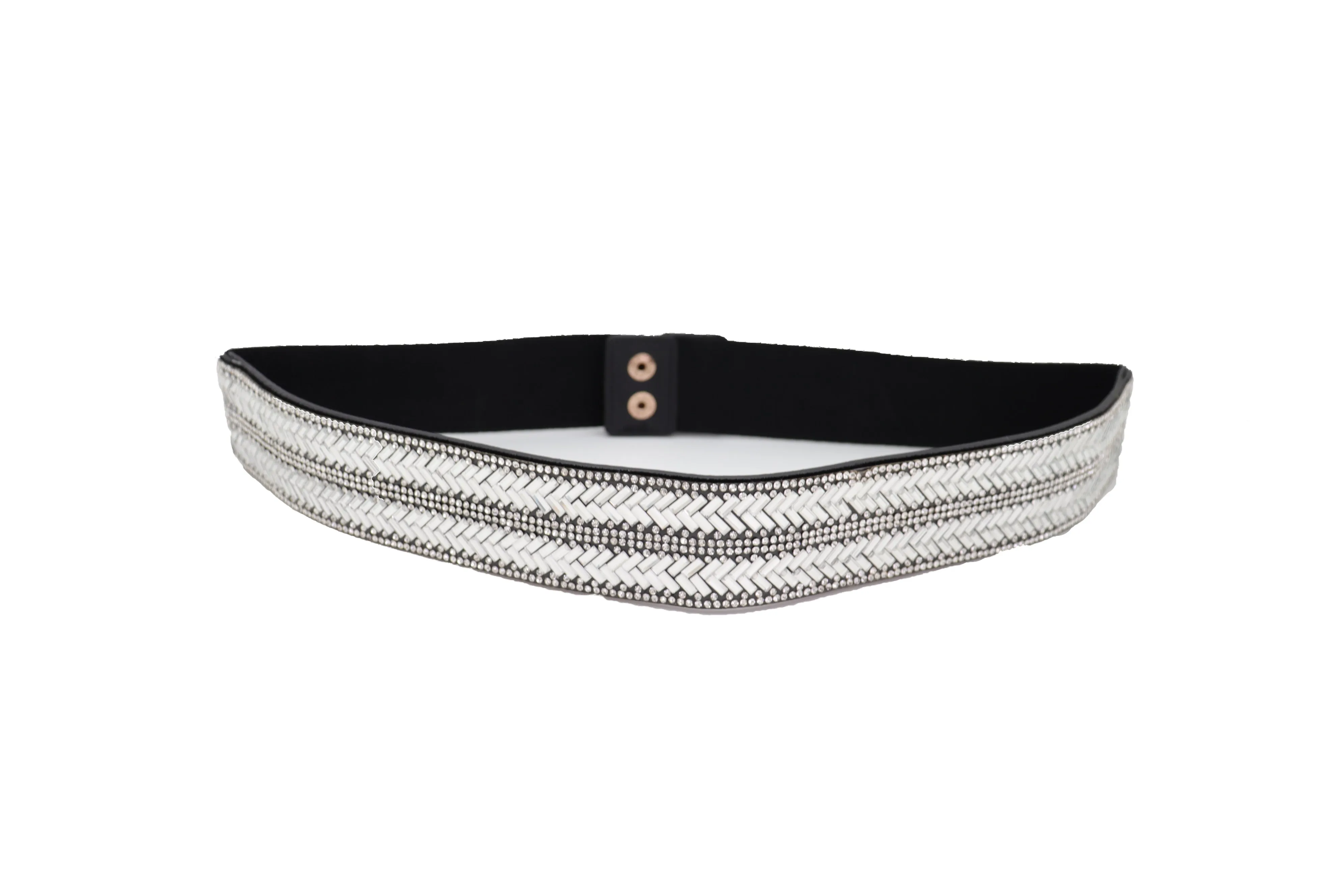 Dressy Fashion Black Elastic Band Belt Bling Silver Rhinestones Size S M