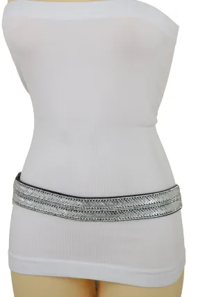 Dressy Fashion Black Elastic Band Belt Bling Silver Rhinestones Size S M