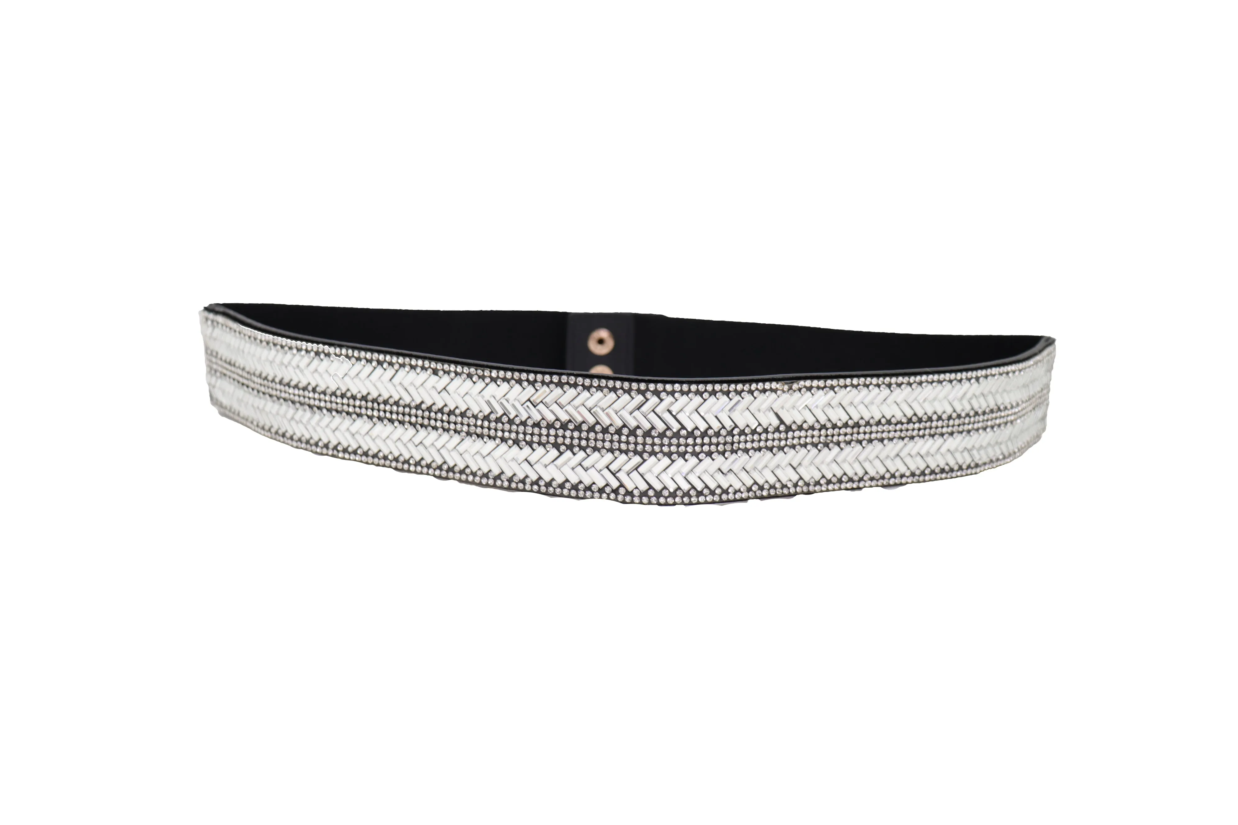 Dressy Fashion Black Elastic Band Belt Bling Silver Rhinestones Size S M