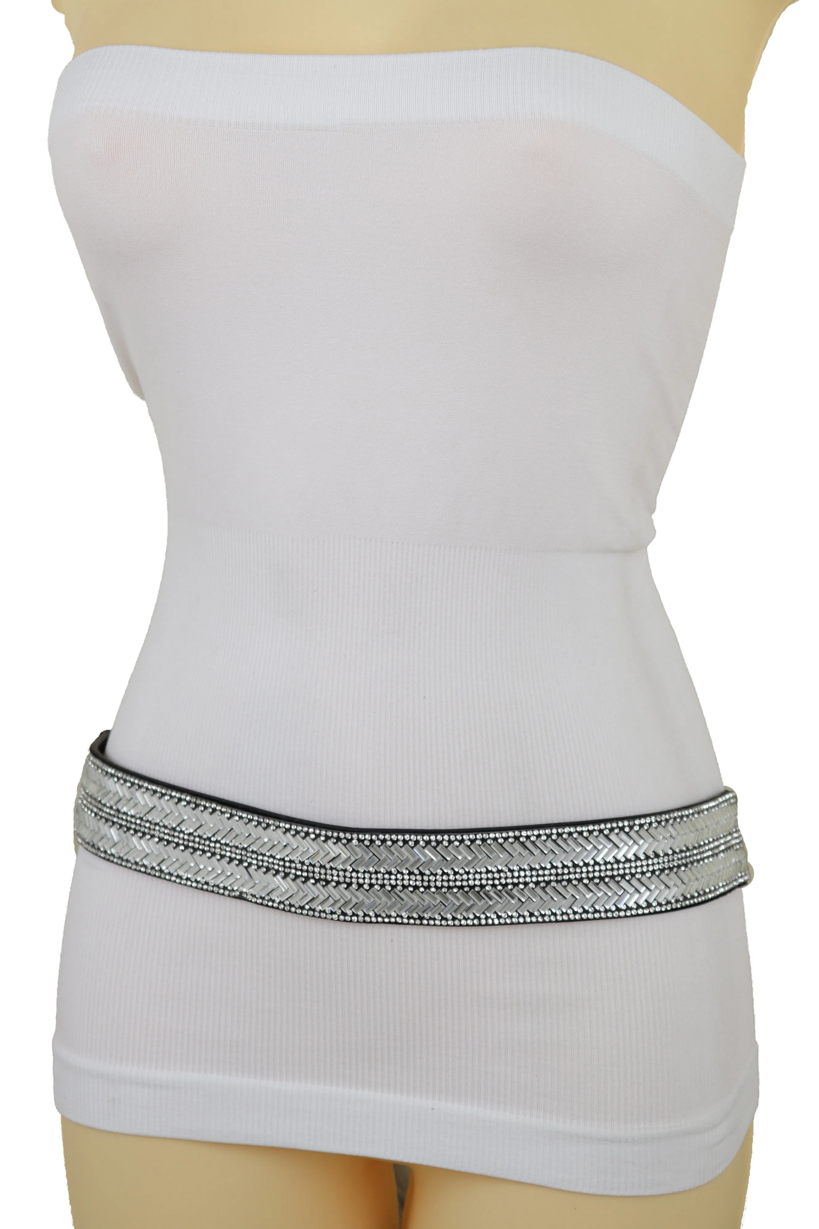 Dressy Fashion Black Elastic Band Belt Bling Silver Rhinestones Size S M