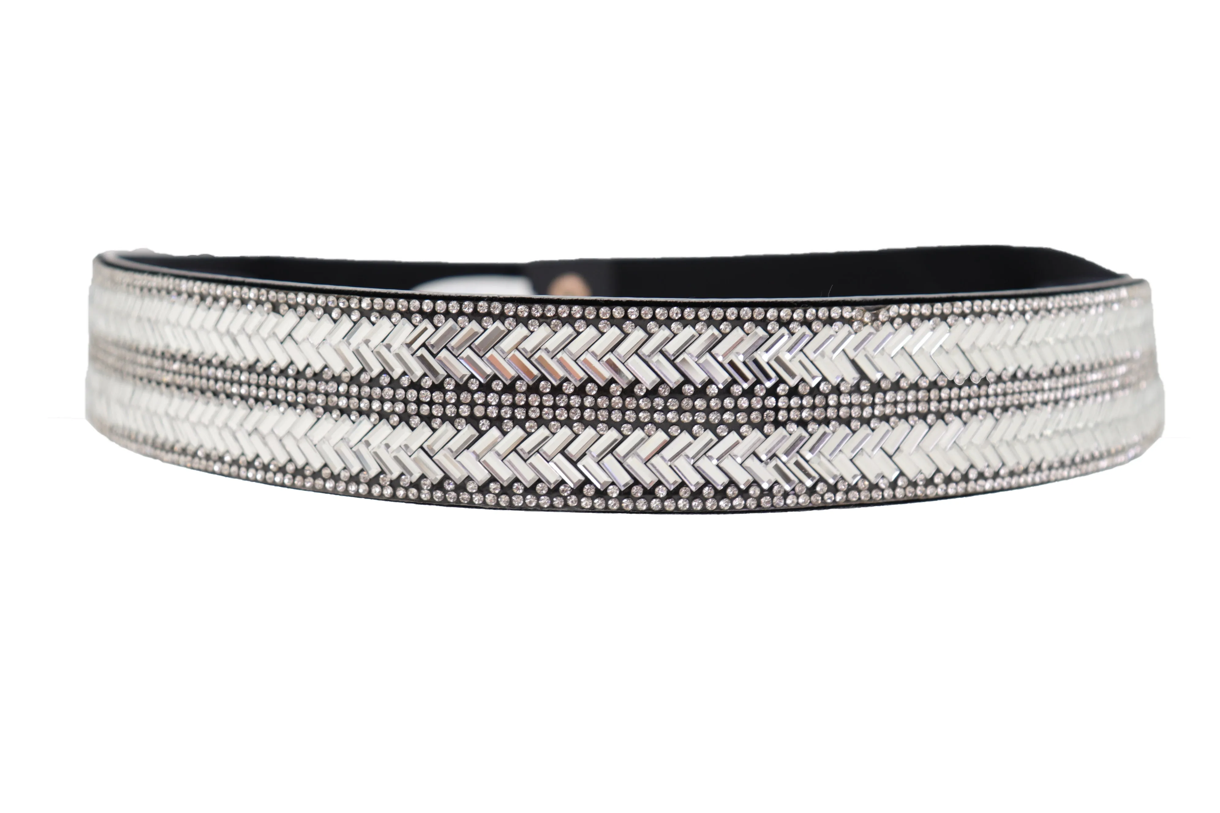 Dressy Fashion Black Elastic Band Belt Bling Silver Rhinestones Size S M