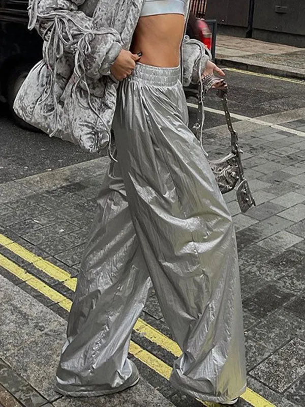 Elastic Waist Pleated Silver Long Pants