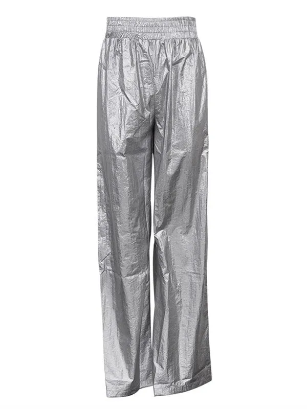 Elastic Waist Pleated Silver Long Pants