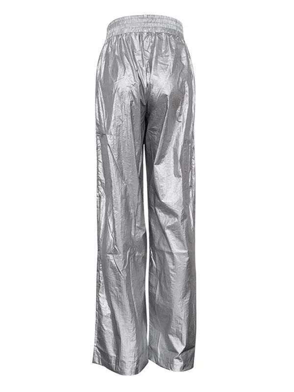 Elastic Waist Pleated Silver Long Pants