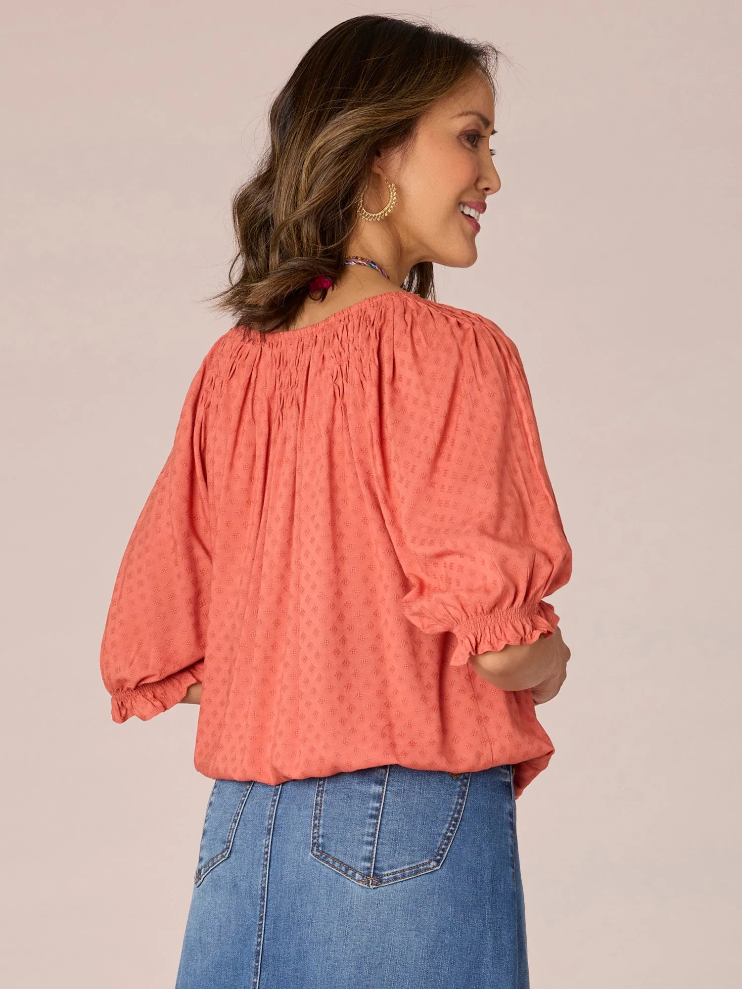 Elbow Blouson Sleeve Scoop Neck Embroidered Bubble Hem Woven Top