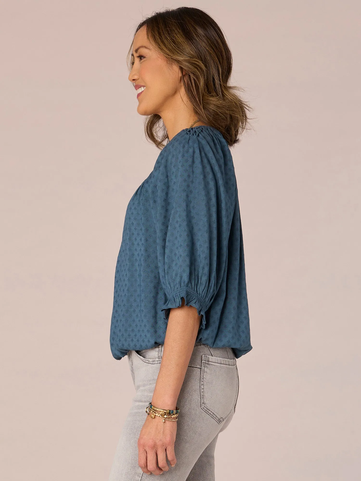 Elbow Blouson Sleeve Scoop Neck Embroidered Bubble Hem Woven Top