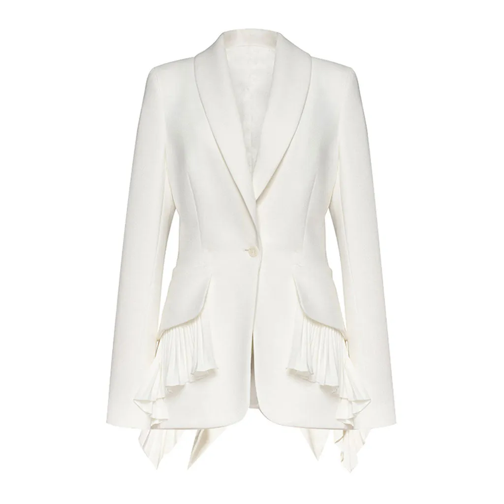 Elegant Shawl Collar Single Button Pleated Peplum Ruffle Cinched Waist Blazer