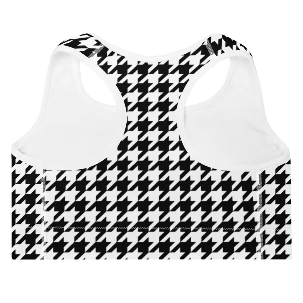 ELEVATED ESSENTIALS,THE PERFECT PADDED SPORTS BRA BLACK WHITE HOUNDSTOOTH