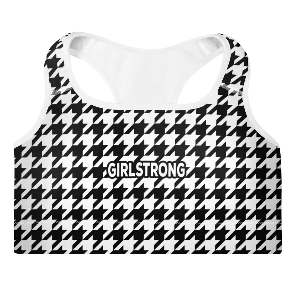 ELEVATED ESSENTIALS,THE PERFECT PADDED SPORTS BRA BLACK WHITE HOUNDSTOOTH