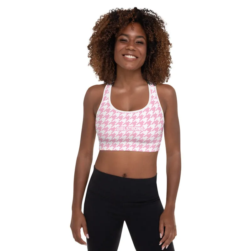 ELEVATED ESSENTIALS,THE PERFECT PADDED SPORTS BRA PINK WHITE HOUNDSTOOTH