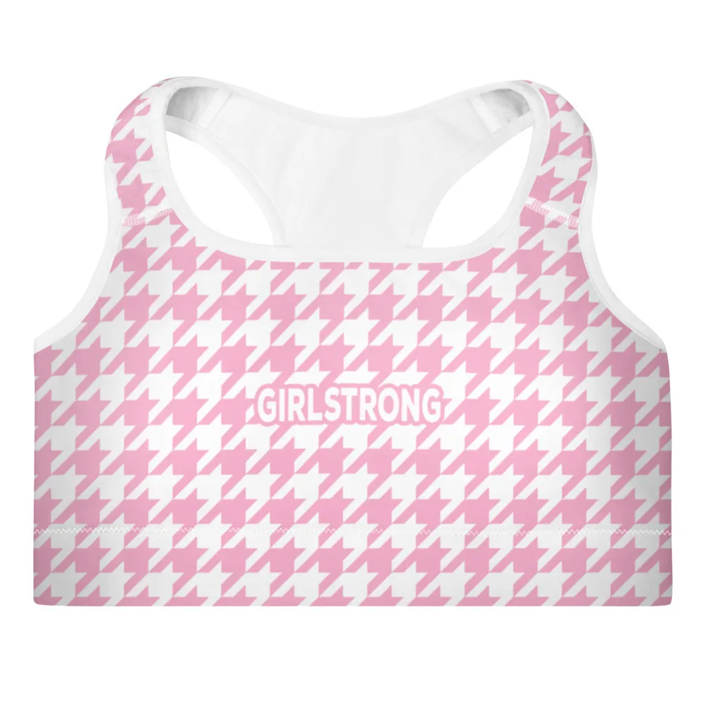 ELEVATED ESSENTIALS,THE PERFECT PADDED SPORTS BRA PINK WHITE HOUNDSTOOTH