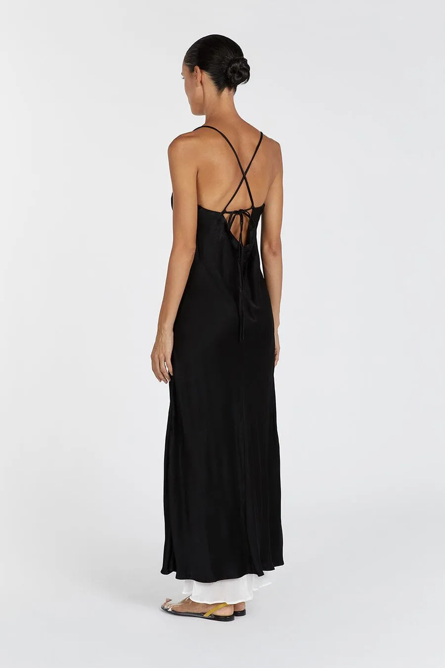 FAY BLACK SATIN V NECK SLIP MAXI DRESS