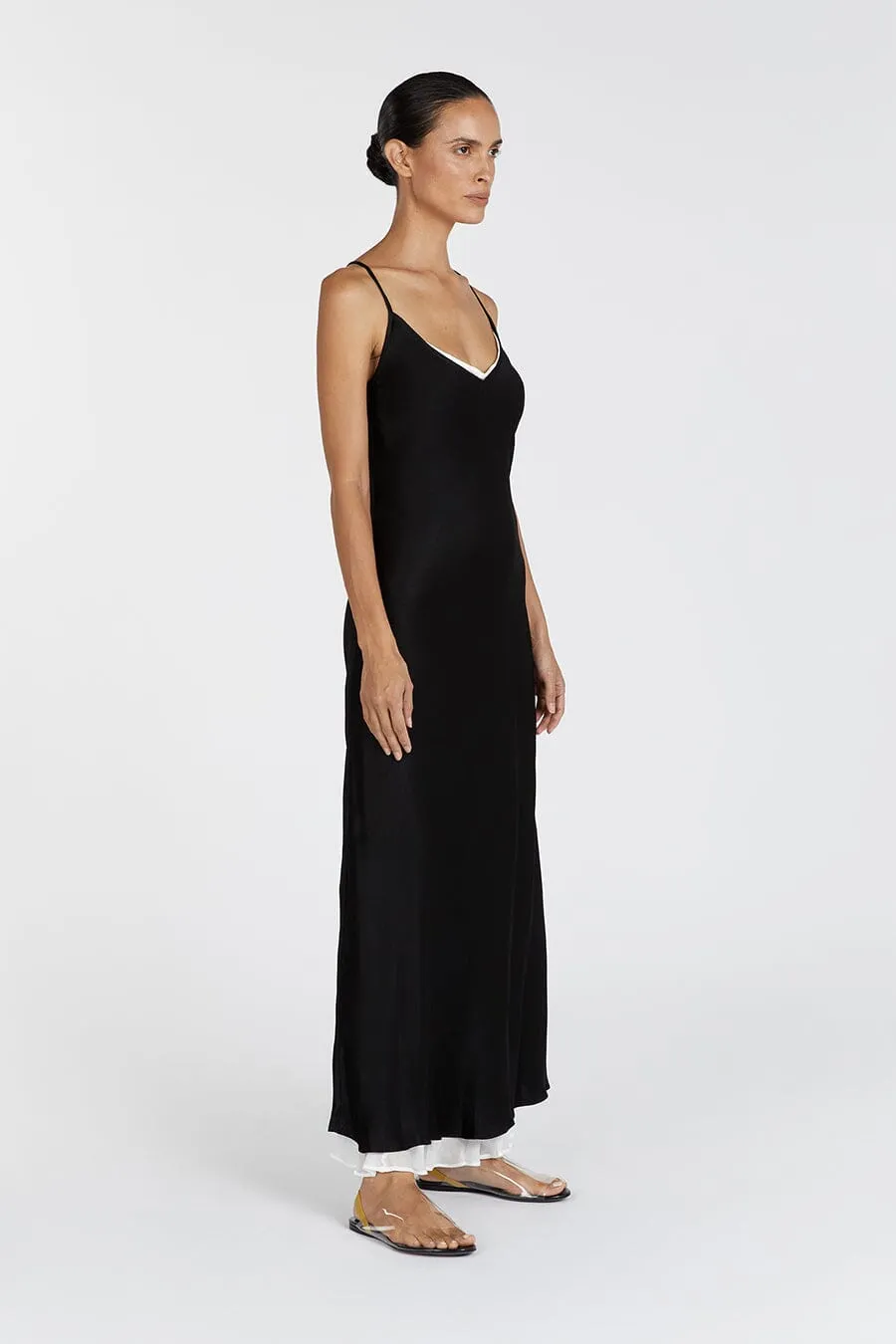 FAY BLACK SATIN V NECK SLIP MAXI DRESS