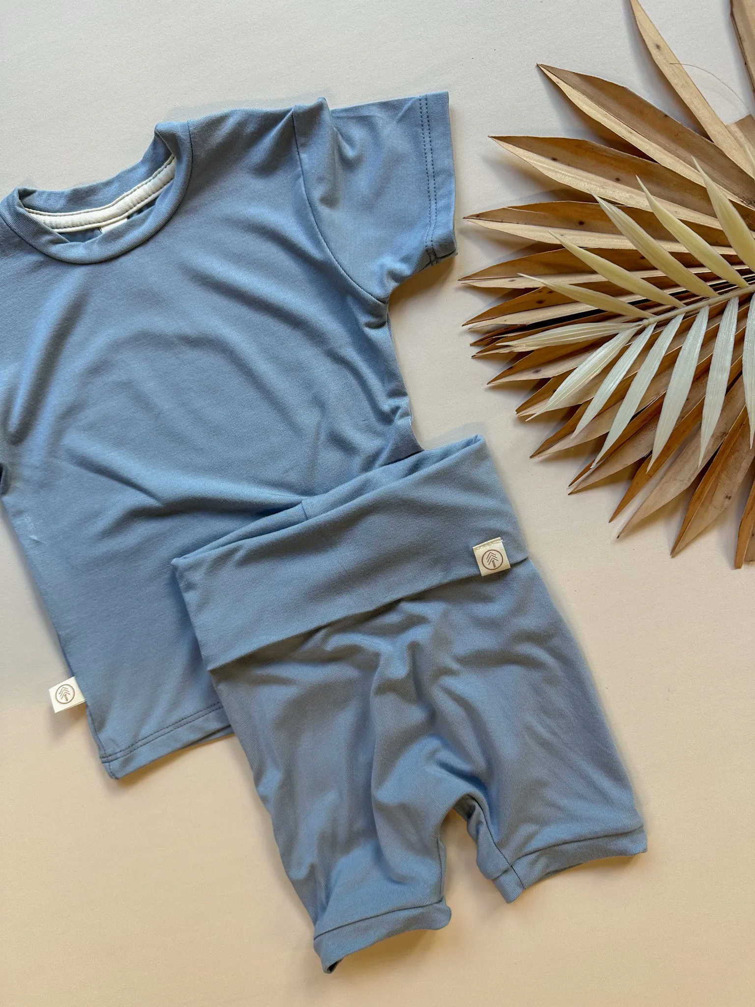 Fold Over Shorties and Short Sleeve Tee Set | Dusty Blue | Luxury Bamboo