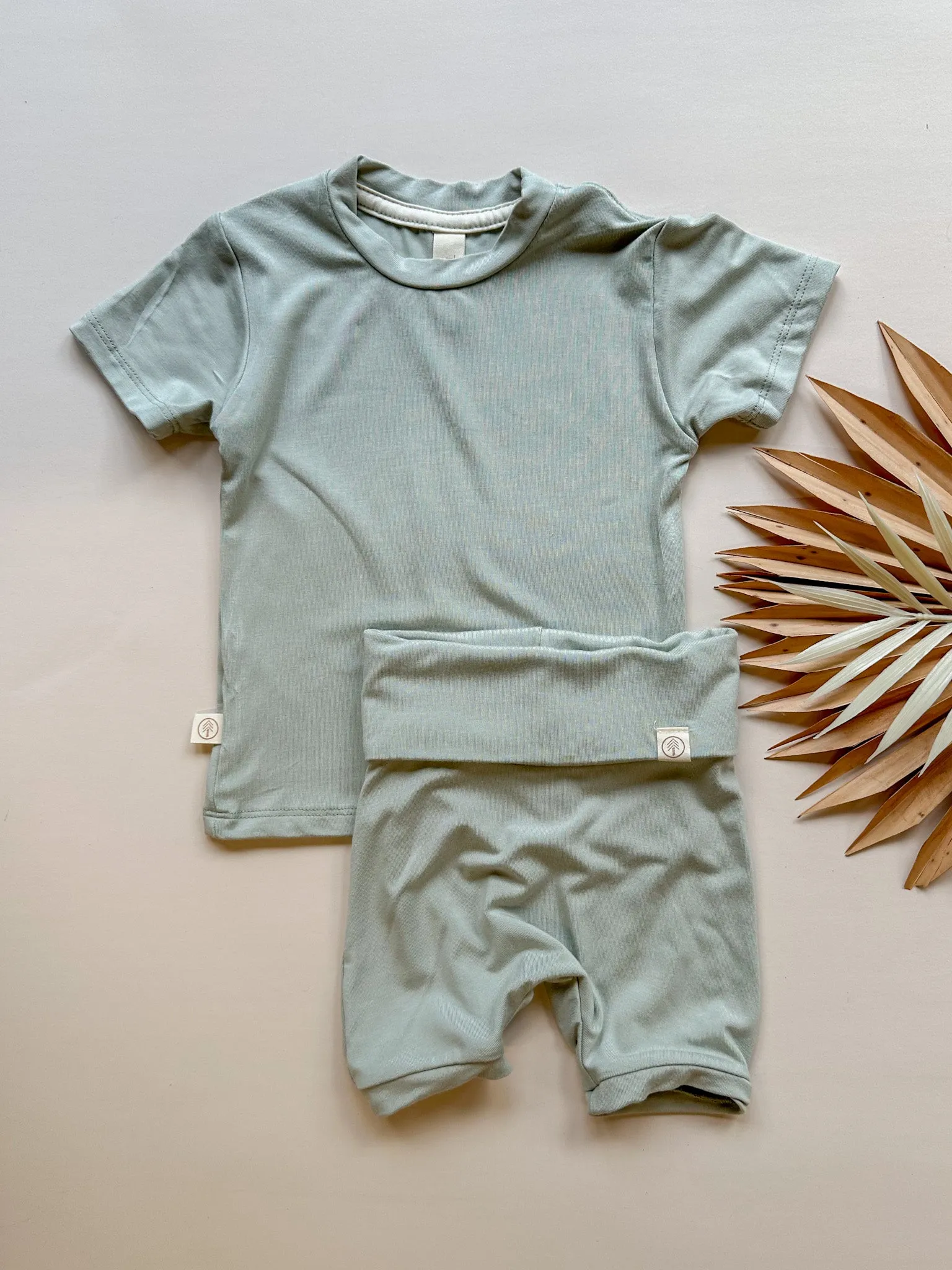 Fold Over Shorties and Short Sleeve Tee Set | Sage | Luxury Bamboo