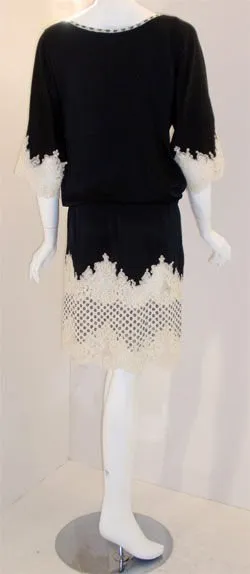 GEOFFREY BEENE 1990s Black Silk & Lace Cocktail Dress, Belt