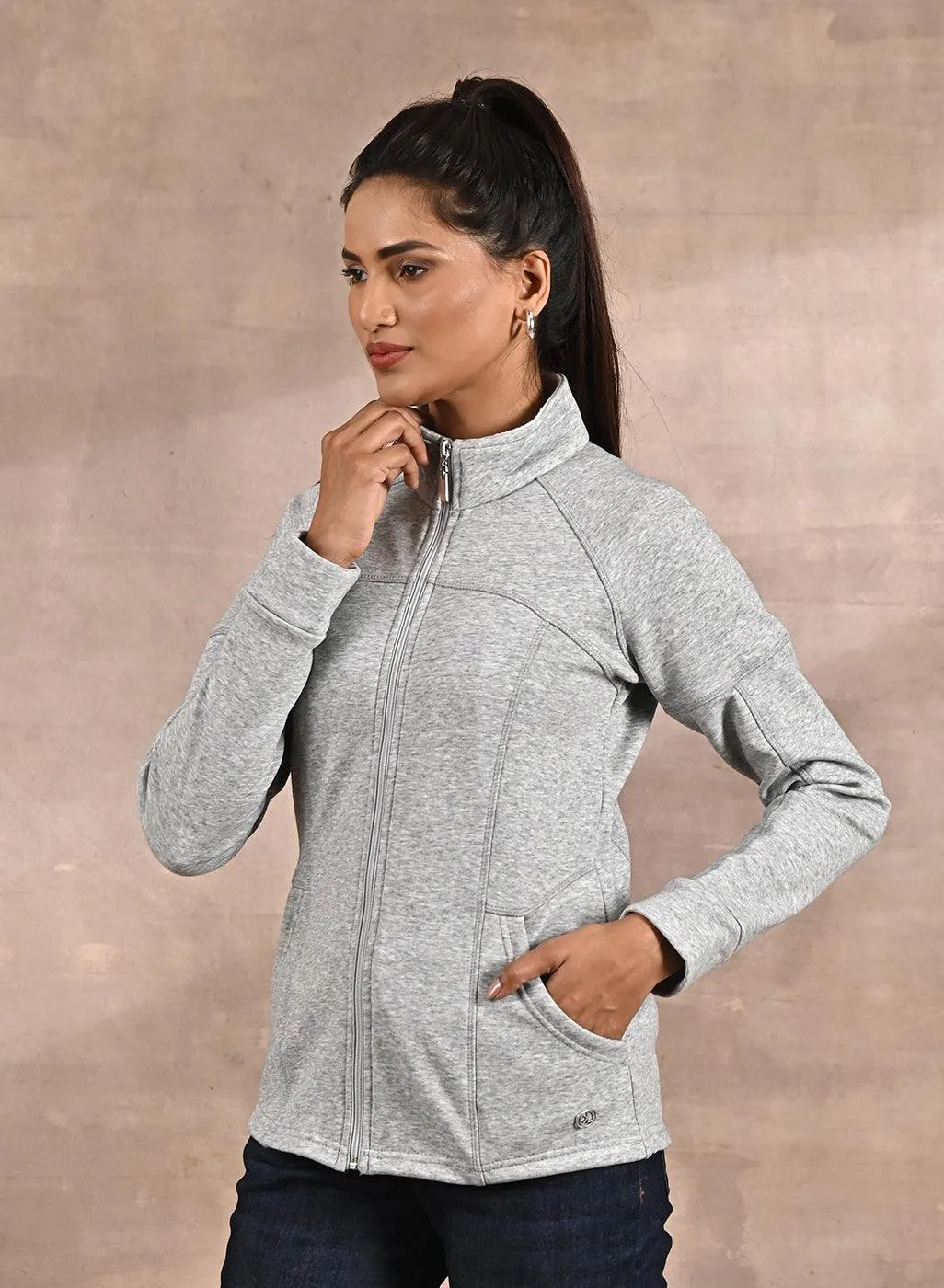 Grey High-Neck Zip-Up Casual Fleece Jacket