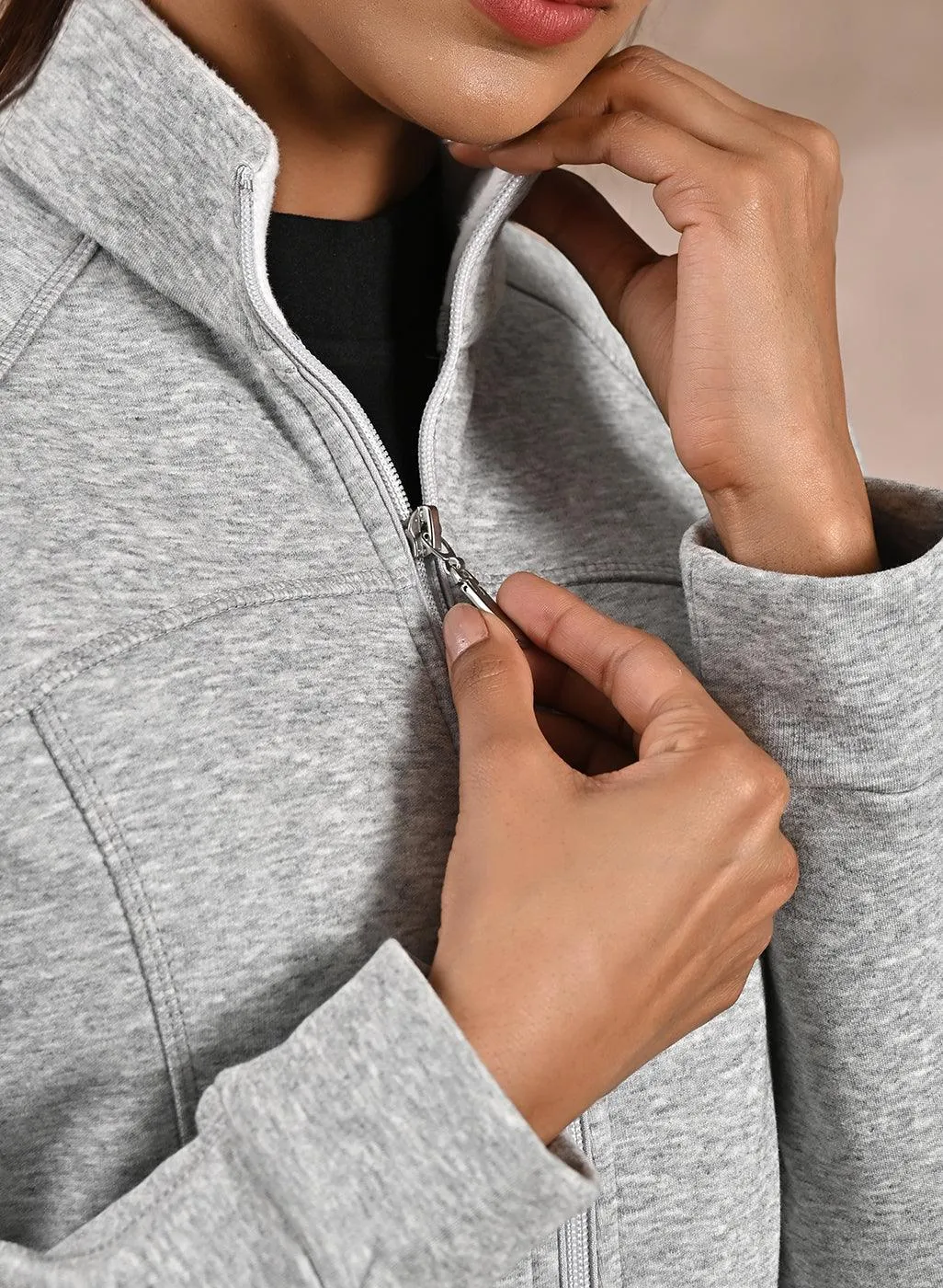 Grey High-Neck Zip-Up Casual Fleece Jacket