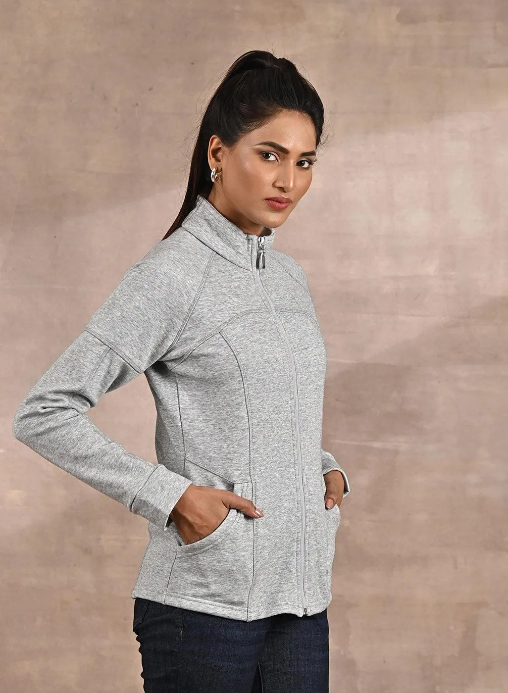 Grey High-Neck Zip-Up Casual Fleece Jacket