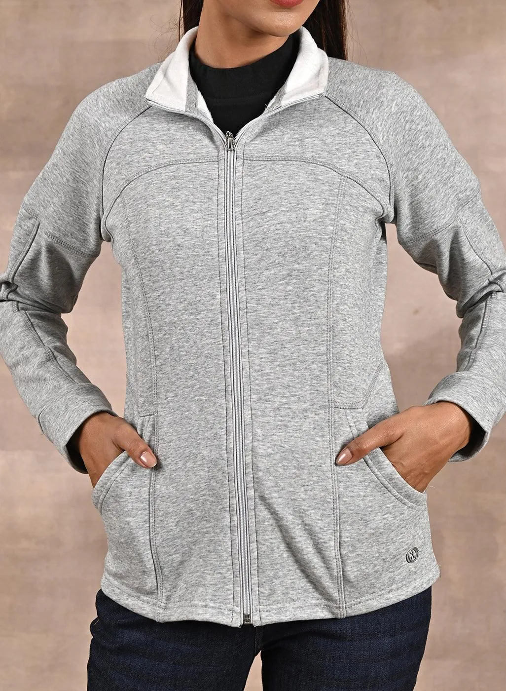 Grey High-Neck Zip-Up Casual Fleece Jacket