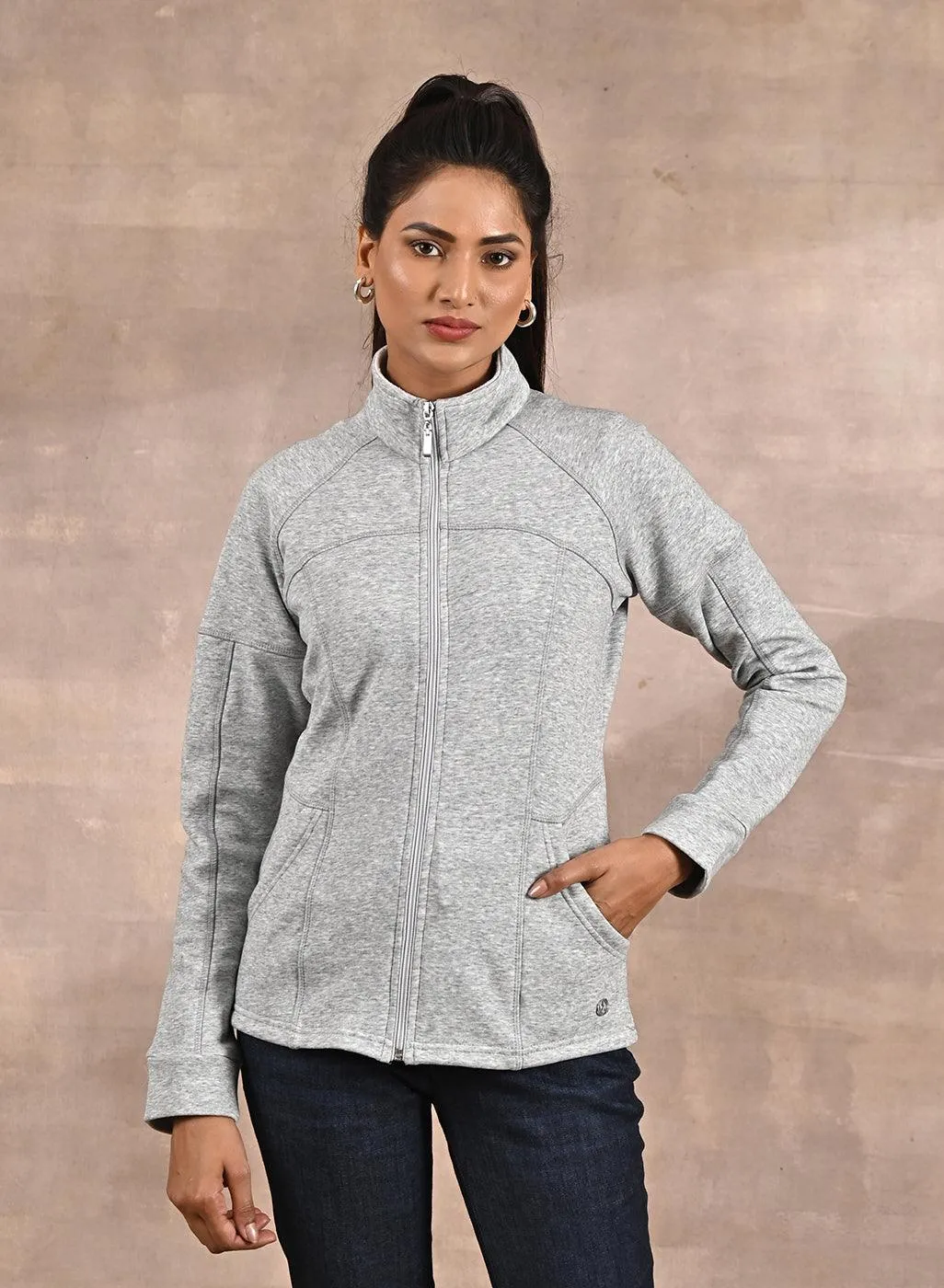 Grey High-Neck Zip-Up Casual Fleece Jacket