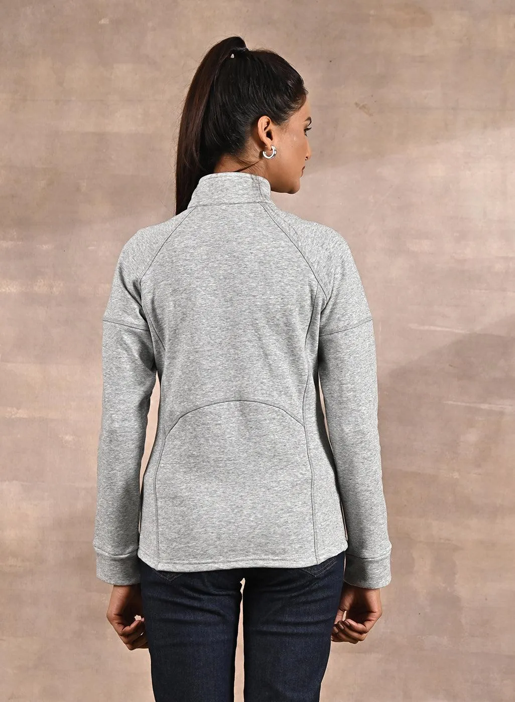 Grey High-Neck Zip-Up Casual Fleece Jacket