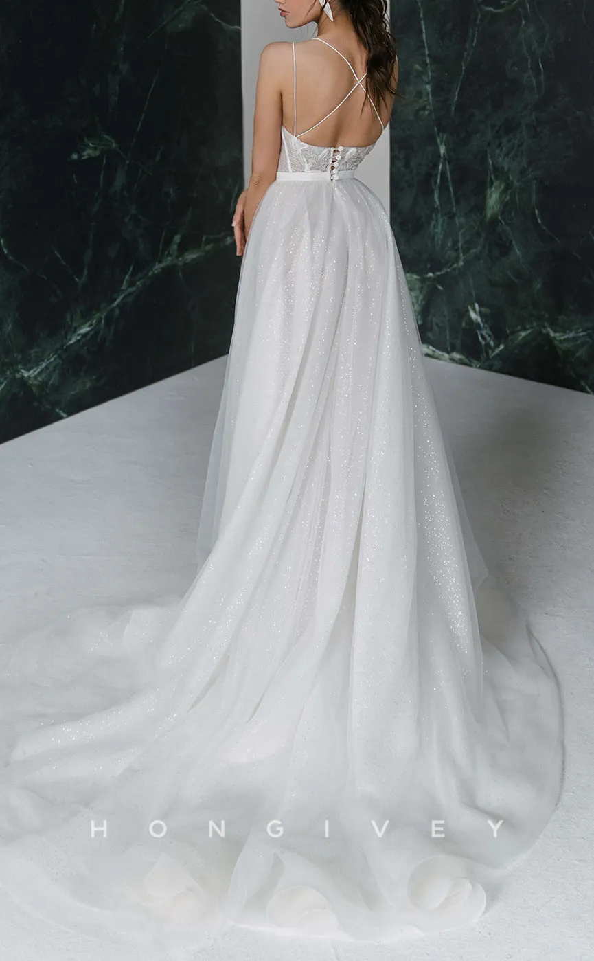 H1262 - Sexy Tulle Glitter A-Line Bateau Spaghetti Straps Illusion Empire With Train Wedding Dress