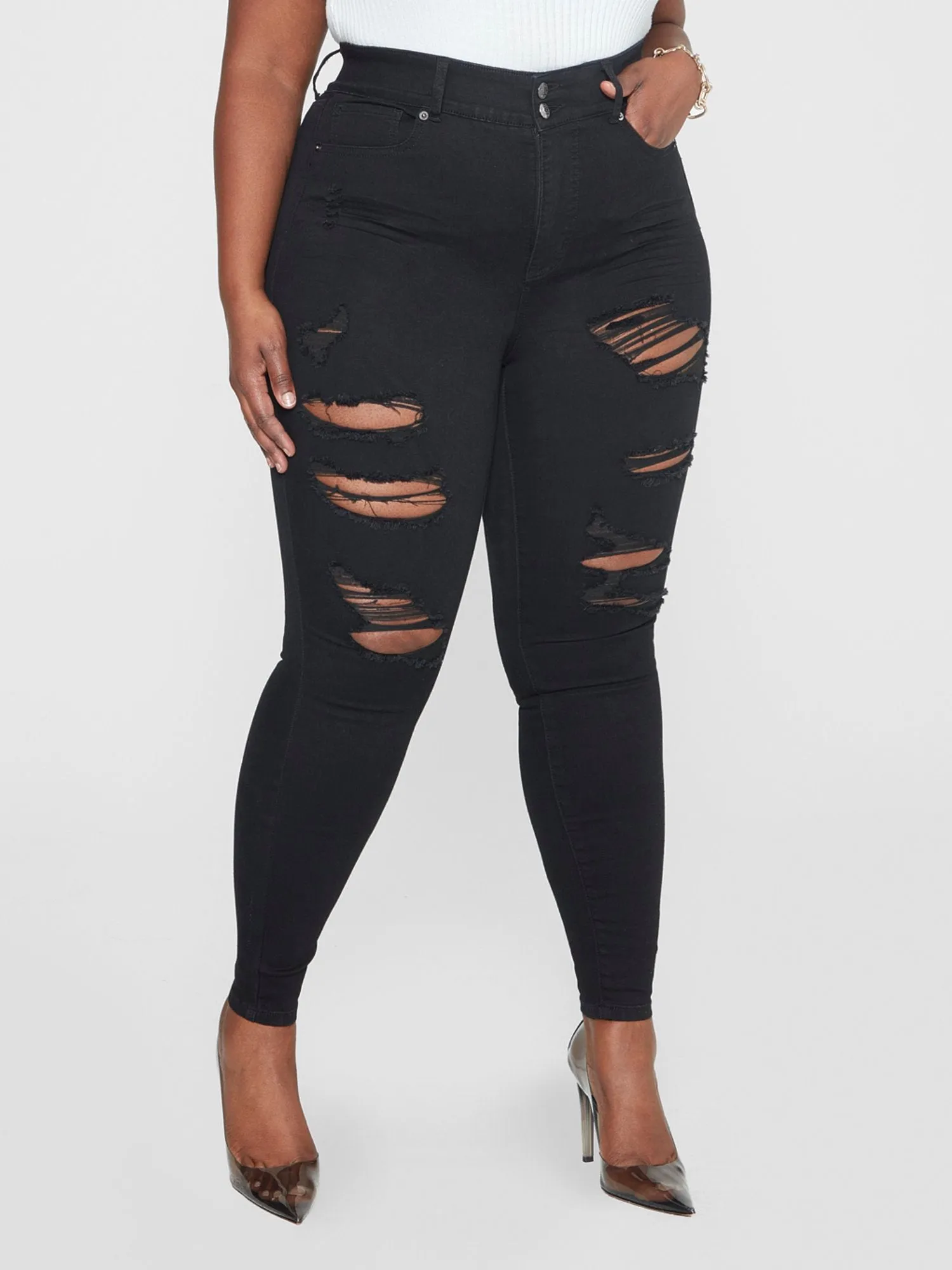 High Rise Comfort Stretch Destructed Jeggings in Black