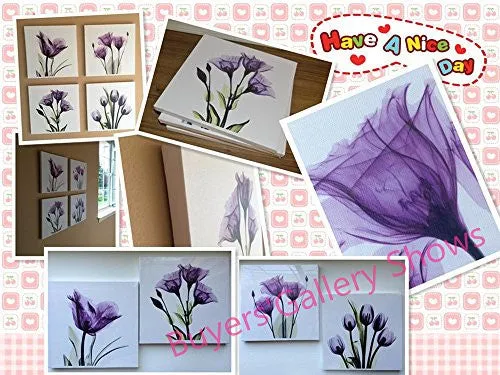 HLJ ART 4 PANEL ELEGANT TULIP PURPLE FLOWER CANVAS PRINT WALL ART PAINTING FOR LIVING ROOM DECOR AND MODERN HOME DECORATIONS PHOTO PRINTS 12X12INCH(WOOD FRAMED)