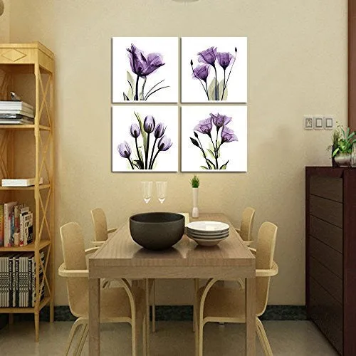 HLJ ART 4 PANEL ELEGANT TULIP PURPLE FLOWER CANVAS PRINT WALL ART PAINTING FOR LIVING ROOM DECOR AND MODERN HOME DECORATIONS PHOTO PRINTS 12X12INCH(WOOD FRAMED)