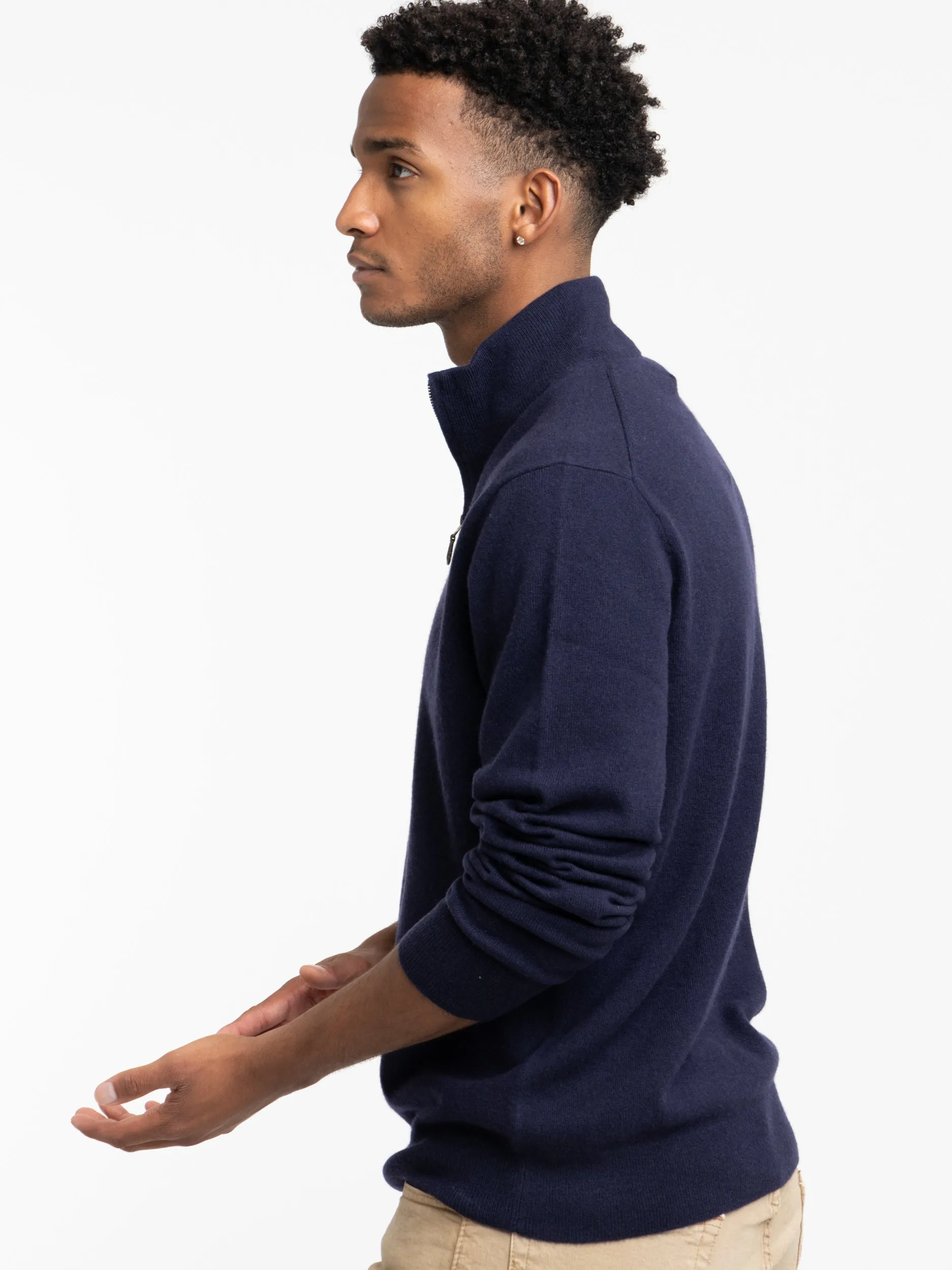 Hunter Navy Wool Piqué Quarter-Zip Sweater