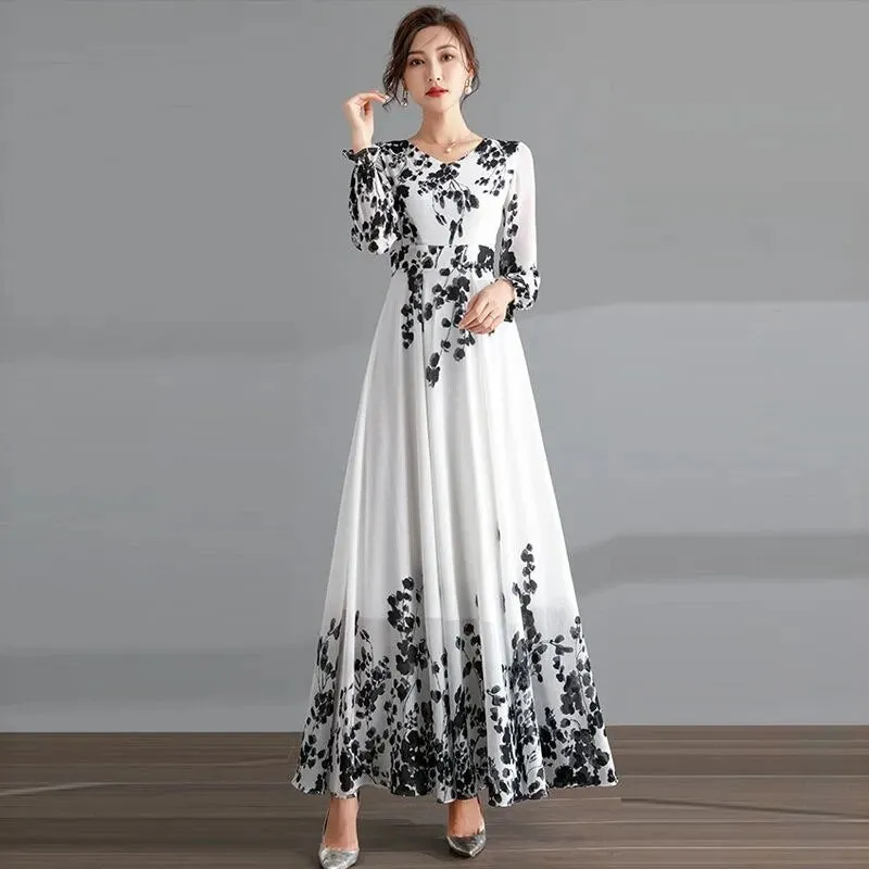 Ink Painting Long-Sleeved Chiffon Dress Women 2022 Spring Summer New Temperament Is Thin and Long Large Swing Holiday Long Skirt