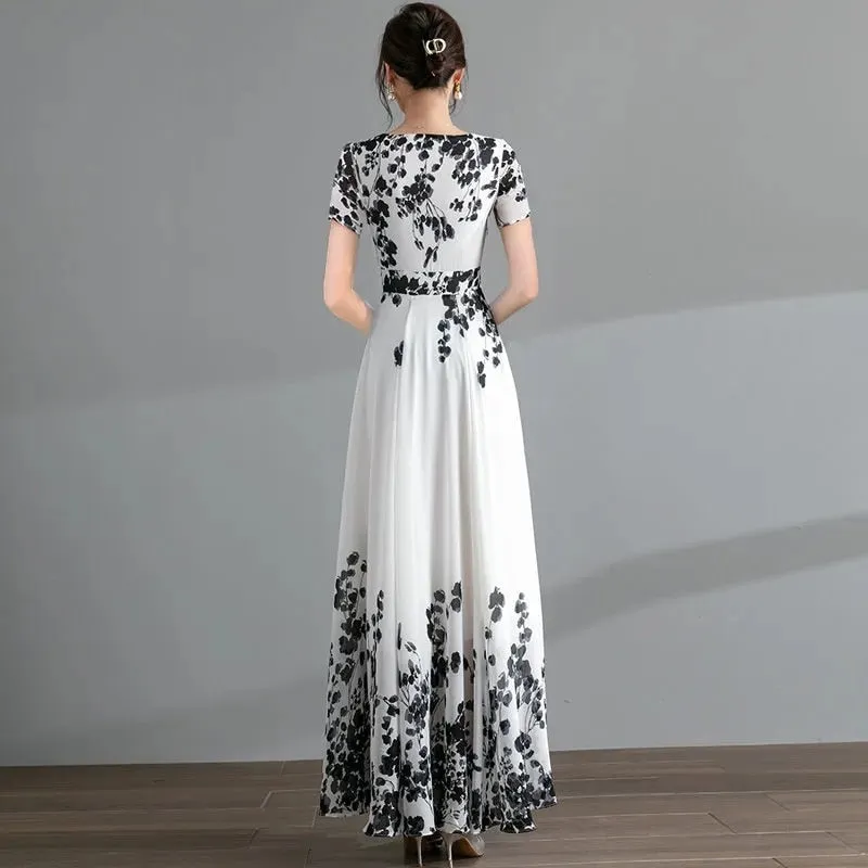 Ink Painting Long-Sleeved Chiffon Dress Women 2022 Spring Summer New Temperament Is Thin and Long Large Swing Holiday Long Skirt