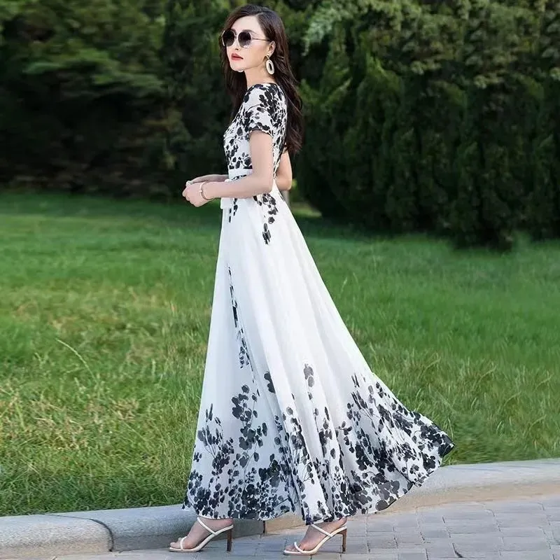 Ink Painting Long-Sleeved Chiffon Dress Women 2022 Spring Summer New Temperament Is Thin and Long Large Swing Holiday Long Skirt