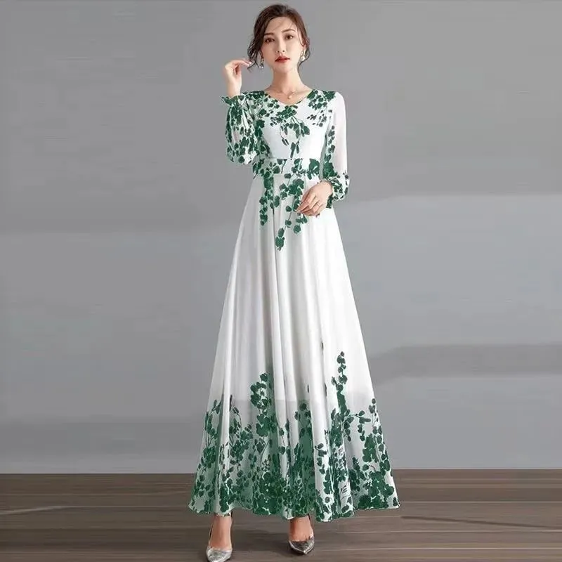 Ink Painting Long-Sleeved Chiffon Dress Women 2022 Spring Summer New Temperament Is Thin and Long Large Swing Holiday Long Skirt