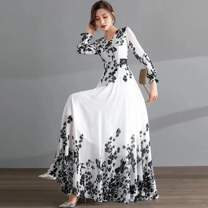 Ink Painting Long-Sleeved Chiffon Dress Women 2022 Spring Summer New Temperament Is Thin and Long Large Swing Holiday Long Skirt