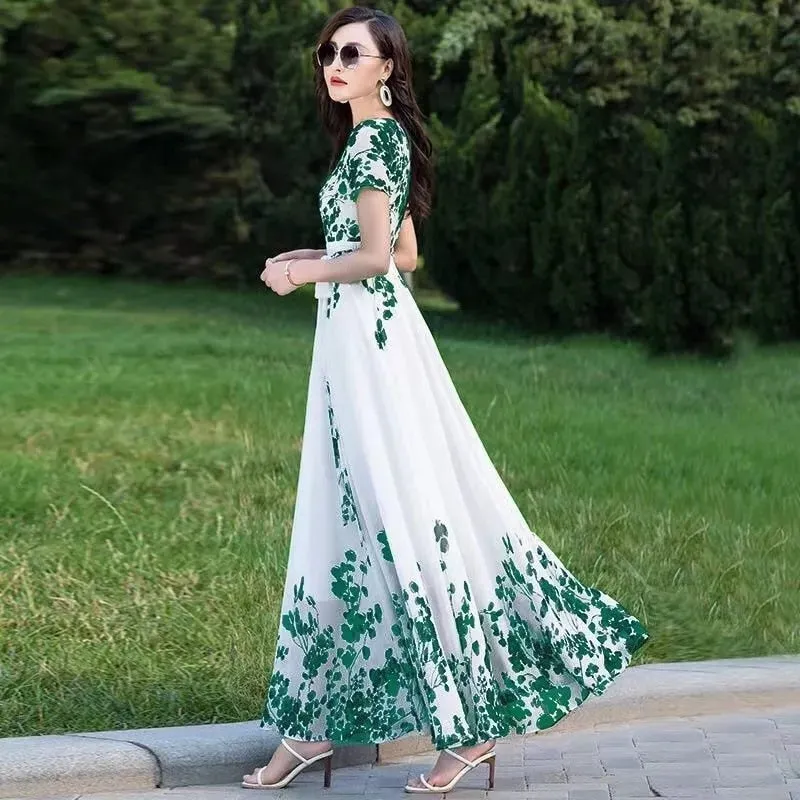 Ink Painting Long-Sleeved Chiffon Dress Women 2022 Spring Summer New Temperament Is Thin and Long Large Swing Holiday Long Skirt