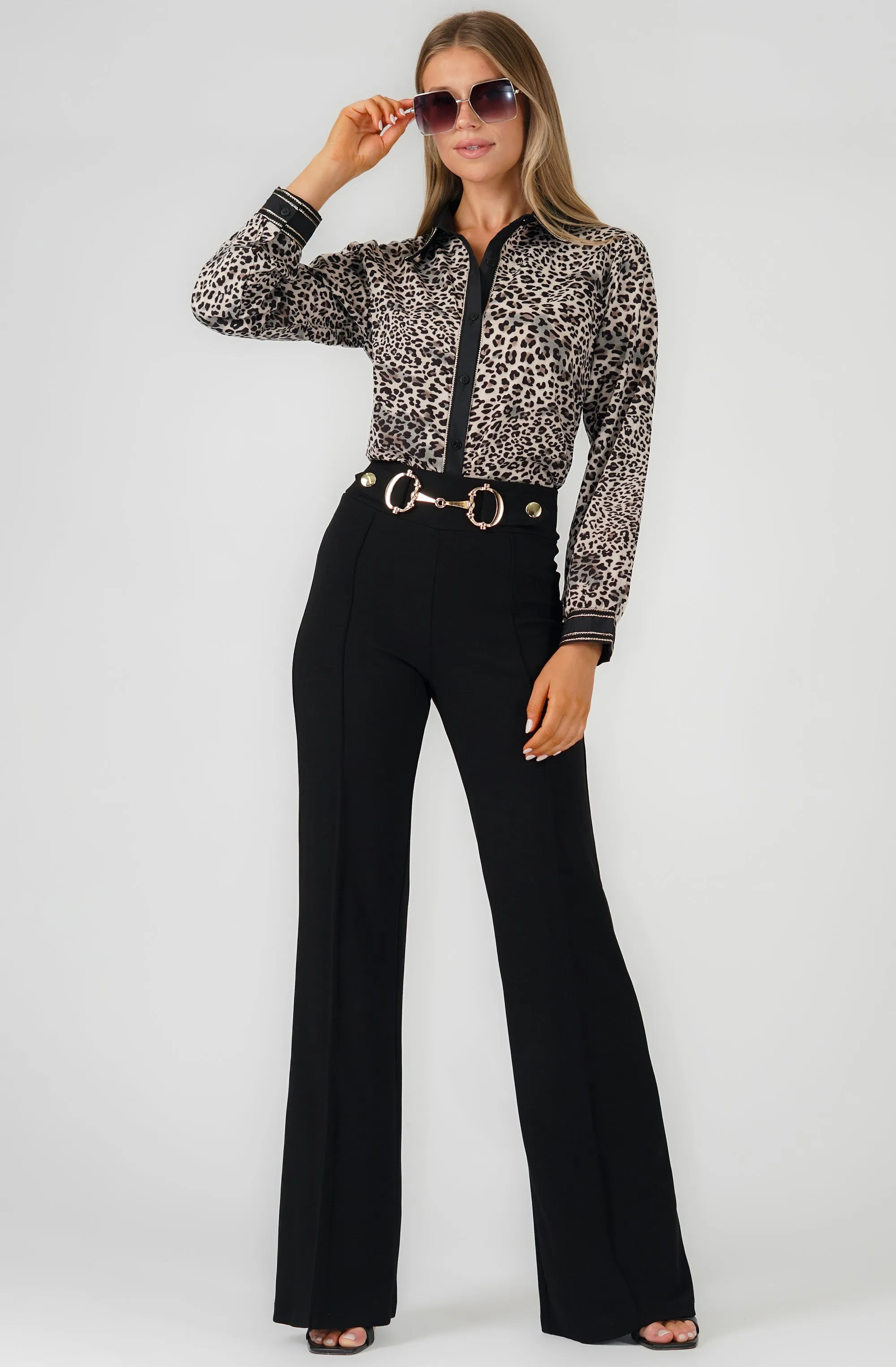 Leopard Long Sleeve Blouse with Contrast Trim